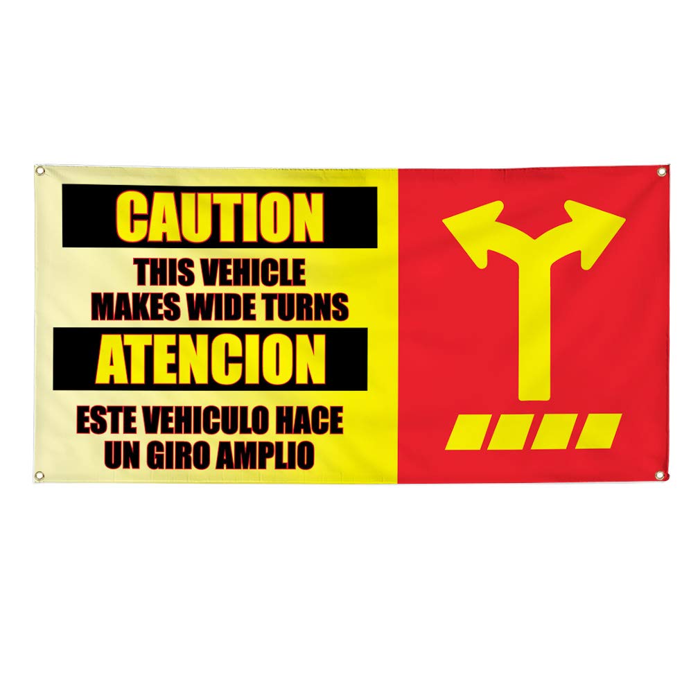 Vinyl Banner Multiple Sizes - Caution Wide Turns (Giros Amplios) - Weatherproof Outdoor Industrial Yard Signs with 8 Grommets (48x96 Inches) - Perfect for Construction Sites, Warehouses & Road Safety Warnings