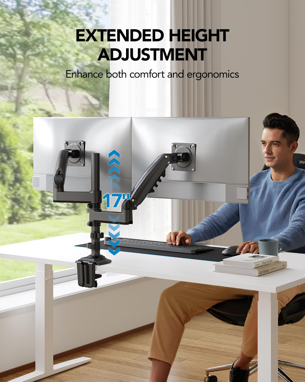 HUANUO 13-32 Inch Dual Monitor Stand with Steel Reinforcement Plate - Heavy Duty Monitor Mount for Thin, Glass & Fragile Desktops - Perfect for Home Office & Gaming Setup
