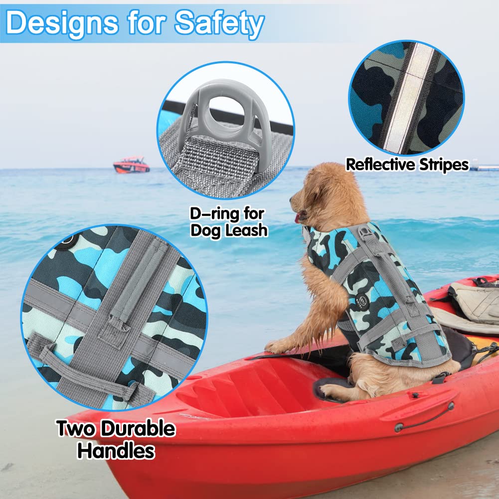 EMUST Adjustable Dog Life Jacket with Rescue Handle - Flotation Vest for Small/Medium/Large Dogs (XS-XXL) - New Blue Camouflage Design - Perfect for Swimming, Boating & Water Safety