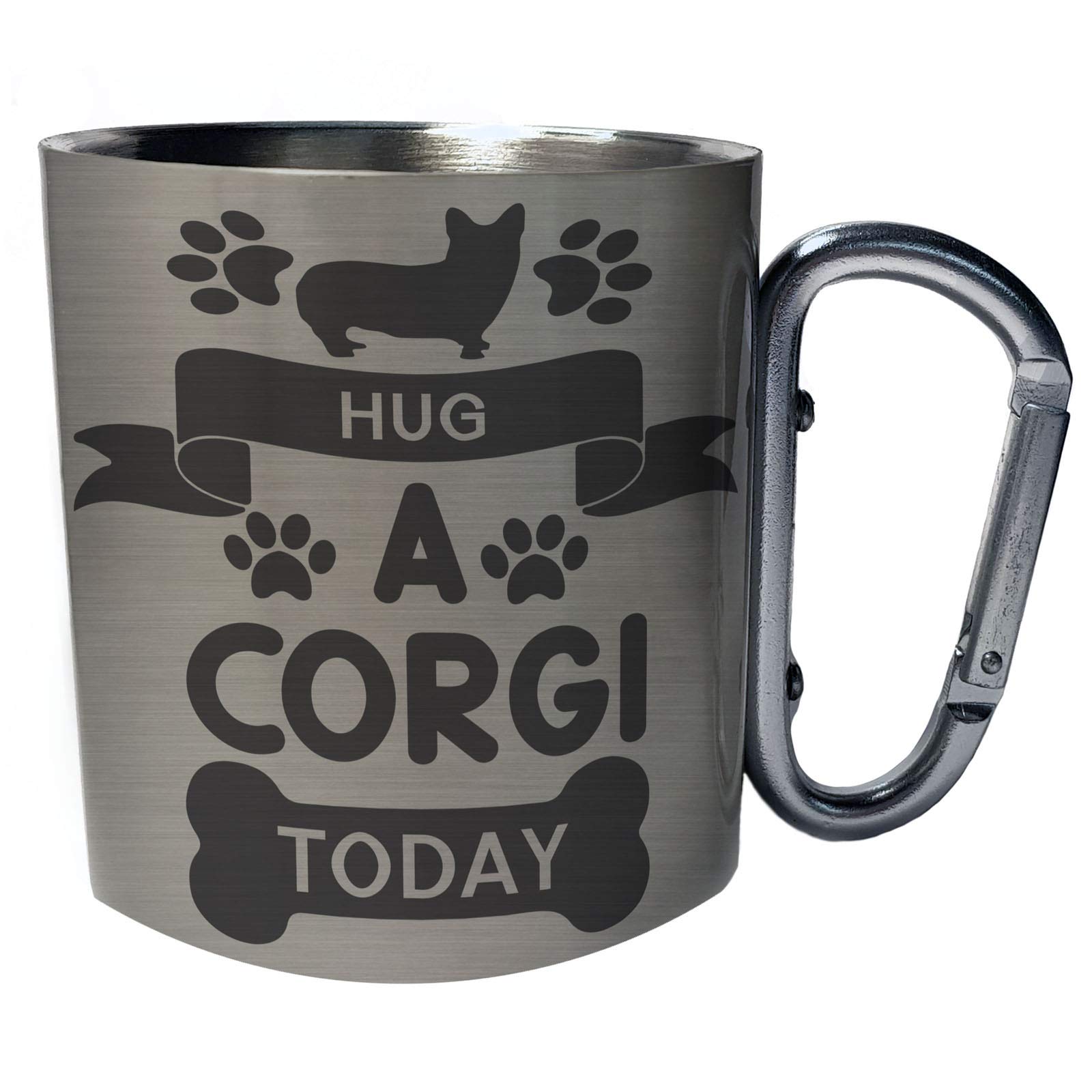 Stainless Steel Carabiner Travel Mug 11oz - Insulated Coffee Cup with Clip for Hiking, Camping & Commuting - Corgi Lover Gift (Style W157C)