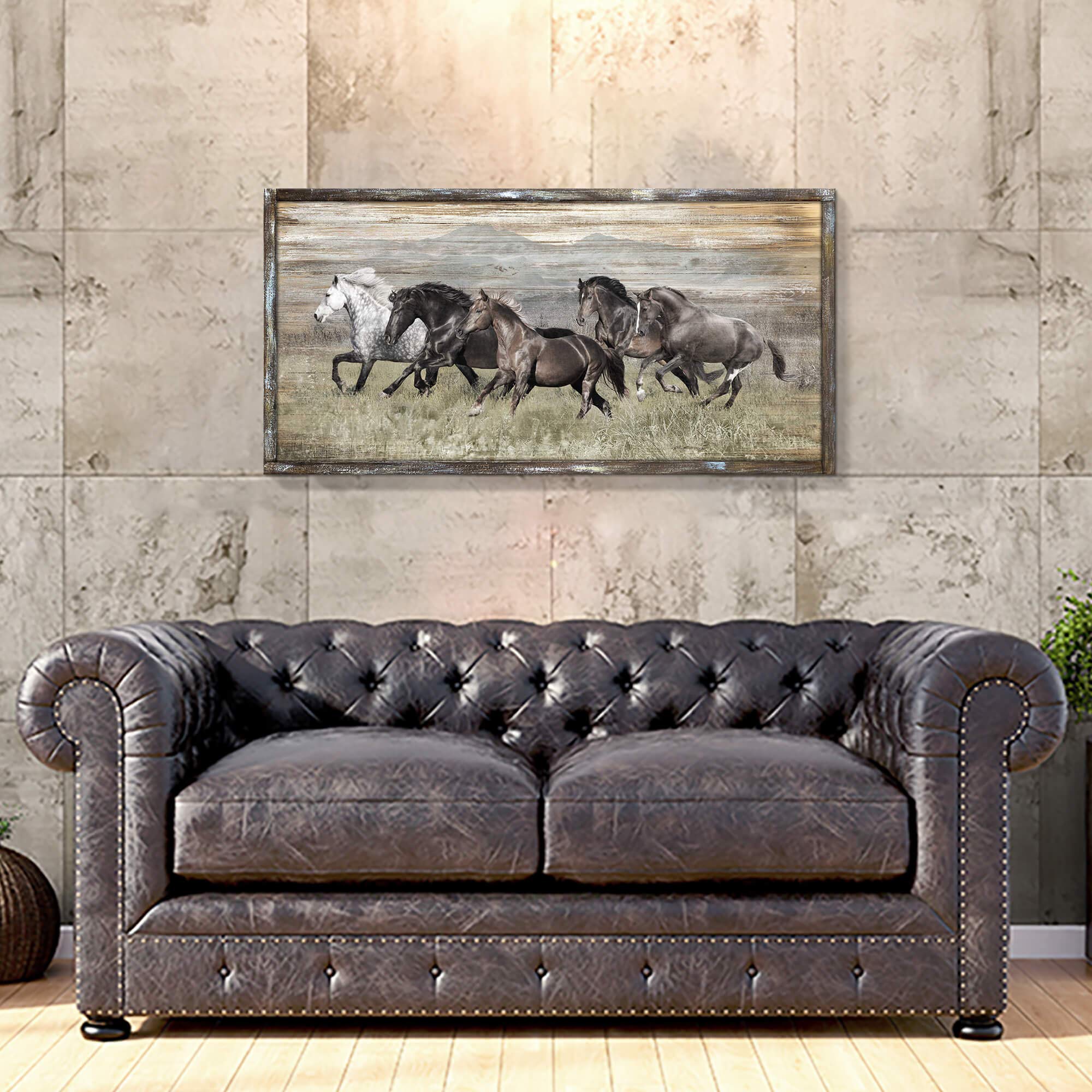 Modern Running Horse Wall Art - Handcrafted Wooden Framed Wildlife Animal Painting Print on Rustic Textured Wood (48x24 Inch) - Perfect for Living Room, Bedroom, Office & Farmhouse Decor