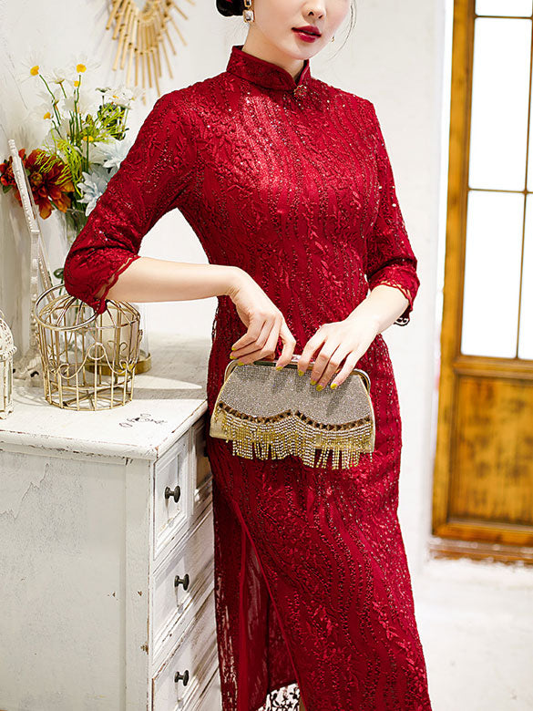 Elegant Red Midi Sequined Lace Qipao Cheongsam Dress for Women - Vintage Chinese Style Evening Gown for Parties, Weddings & Special Occasions