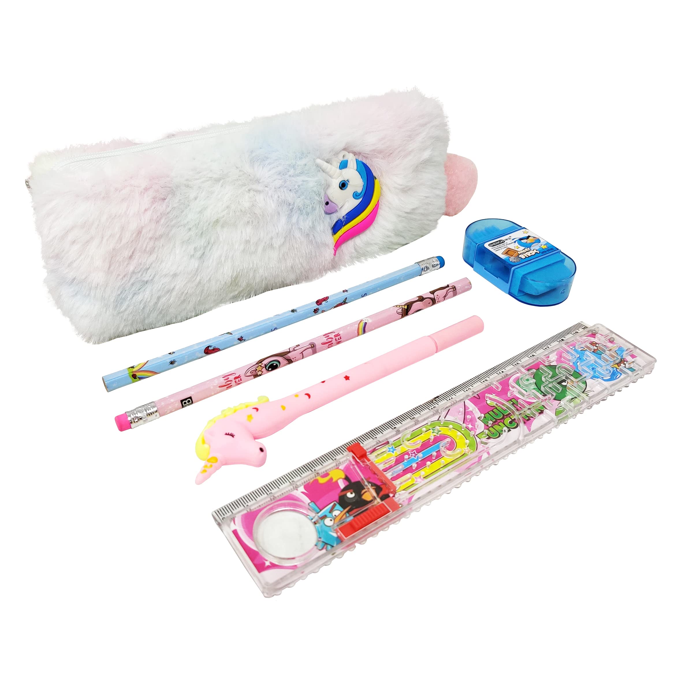 PARTEET Unicorn Stationery Set for Kids - Includes 1 Unicorn Pen, 2 HB Pencils, 3-in-1 Eraser Sharpener Brush, Puzzle Scale & Fur Pouch - Perfect for Birthday Party Favors, School Supplies & Return Gifts