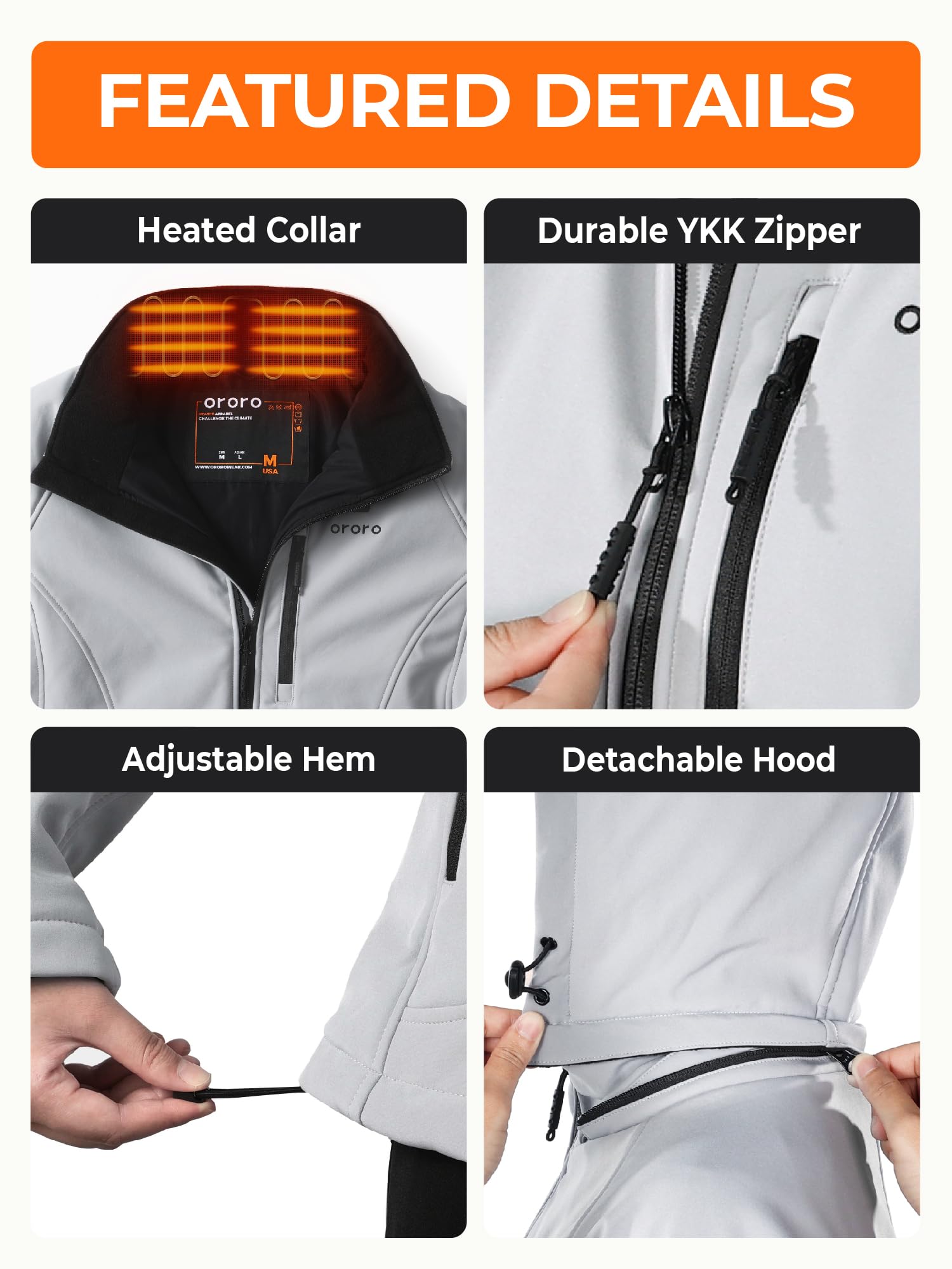 ORORO Women's Heated Jacket with 4-Zone Heating System - Battery Powered Winter Coat with Heated Collar (Charger Sold Separately) - Perfect for Outdoor Activities, Skiing, Hiking & Cold Weather Commutes