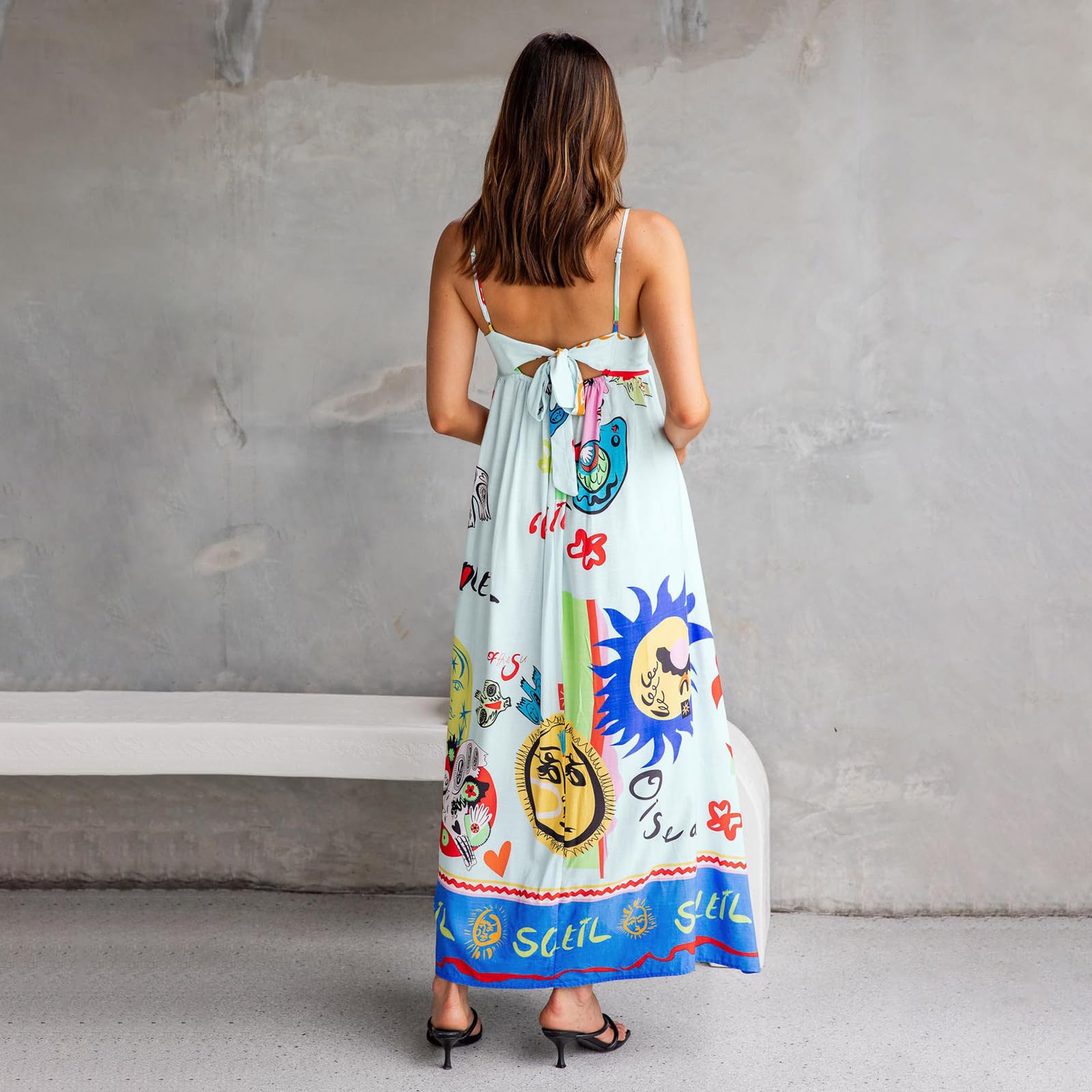 Women's Floral Graffiti Graphic Spaghetti Strap Boho Maxi Dress - Y2K Style Flowy Beach Holiday Sun Dress for Summer Vacations, Music Festivals & Boho Chic Outfits