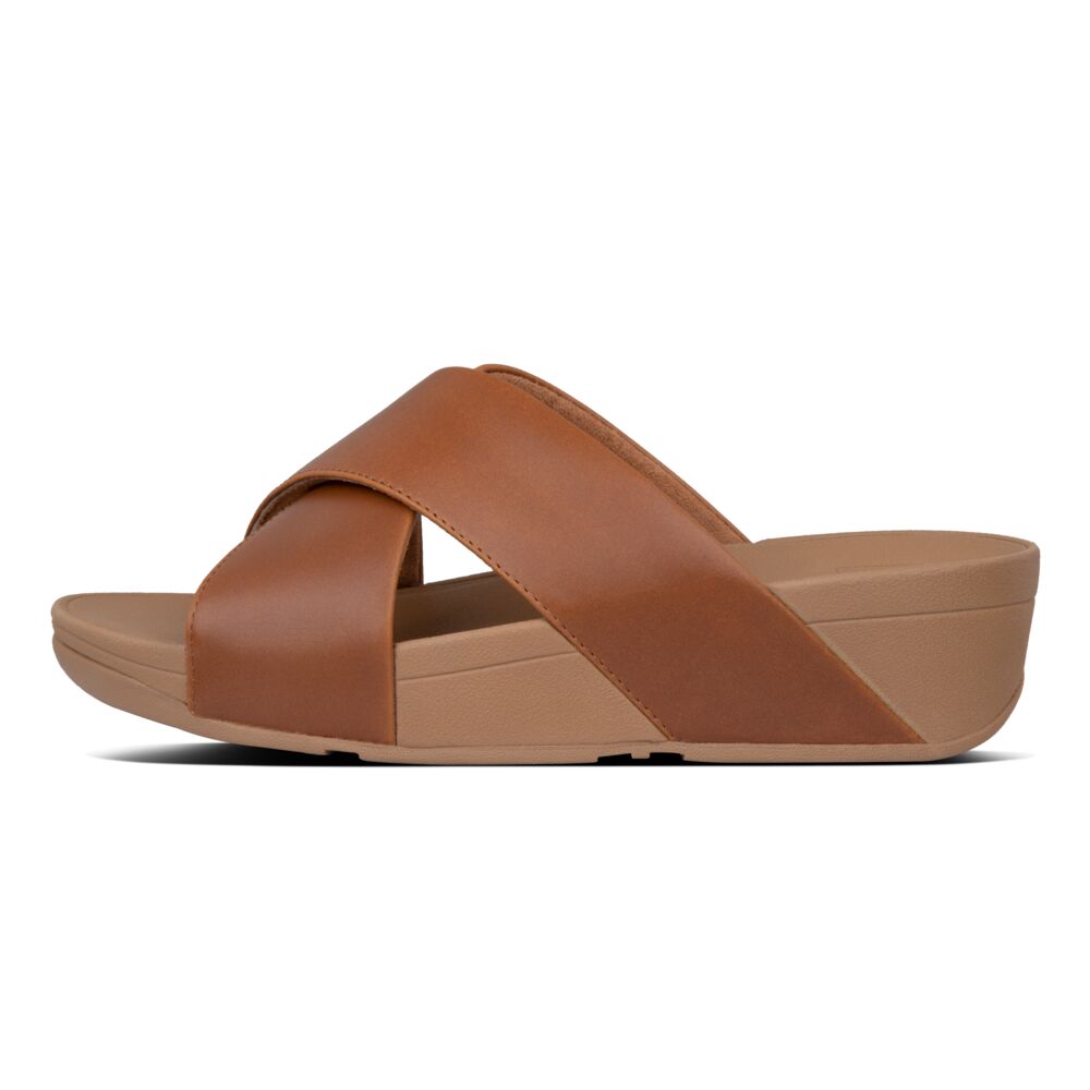 FitFlop Lulu Leather Cross Slide Sandals for Women - Comfortable Light Tan Summer Shoes for Walking, Travel & Casual Outings