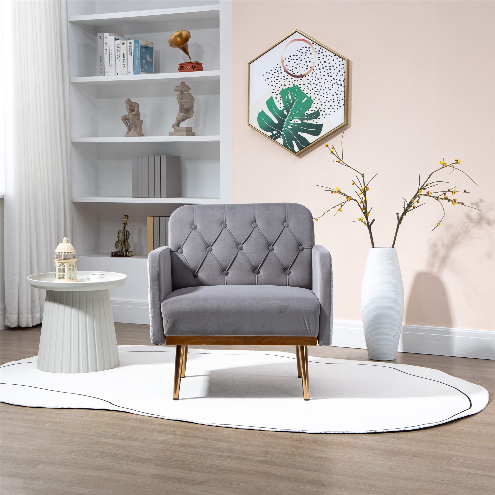 Modern Velvet Single Sofa Chair - Upholstered Accent Living Room Armchair with Rose Gold Metal Legs, Tufted Design for Bedroom, Reading Nook or Lounge (Grey) - Perfect for Small Spaces, Apartments and Cozy Home Decor