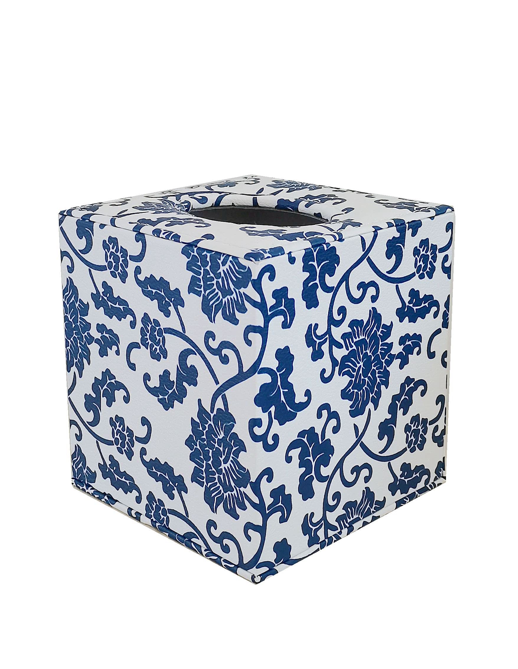 Faux Leather Tissue Box Cover with Flower Pattern - Square Blue and White Porcelain Style Home Decor | Perfect for Living Room, Bedroom & Bathroom Organization