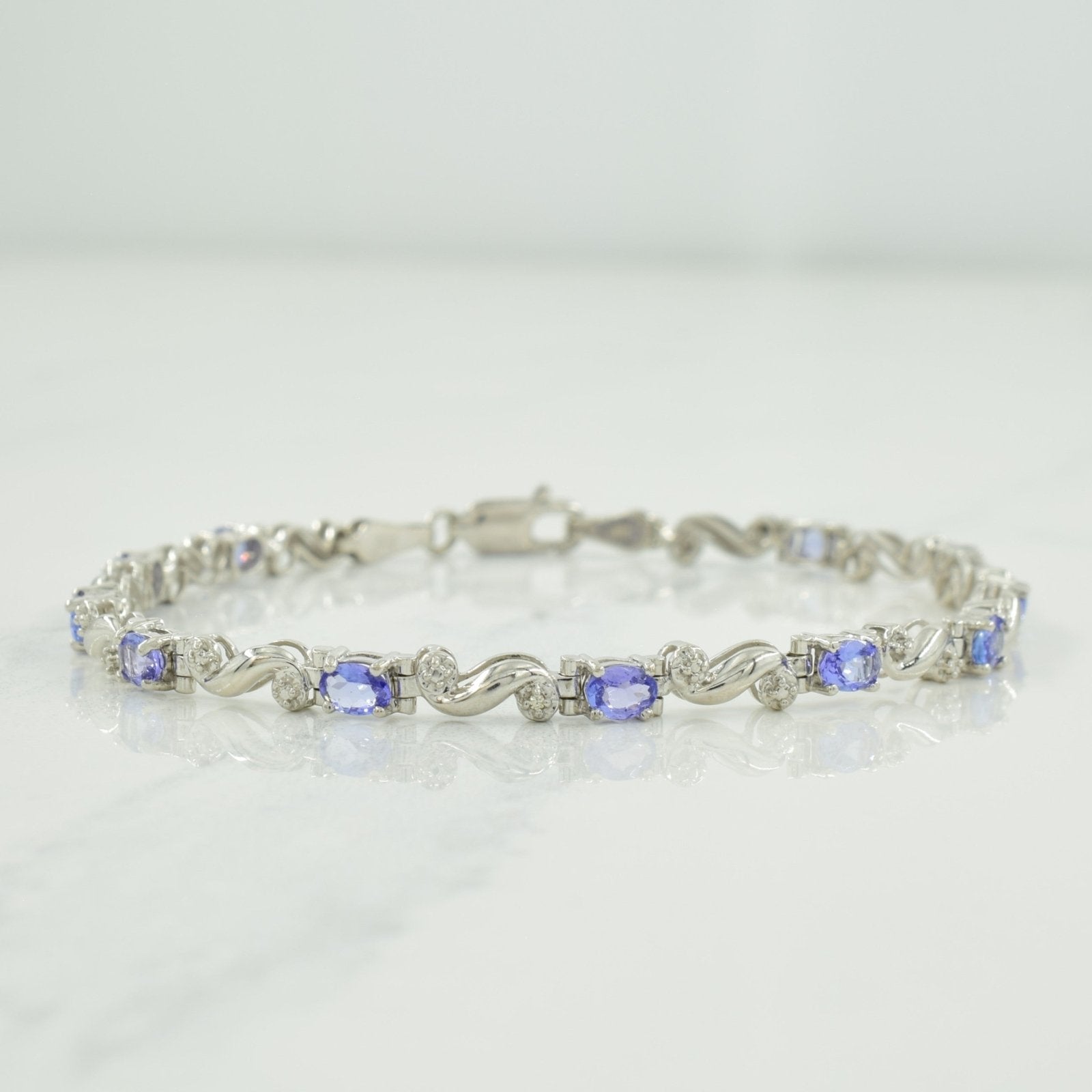 10K White Gold Tanzanite and Diamond Tennis Bracelet - 1.76 Carat Total Weight, 0.005ct Diamonds - 7 Inch Adjustable Length - Elegant Jewelry Gift for Women, Anniversary, Birthday, Wedding, Special Occasions