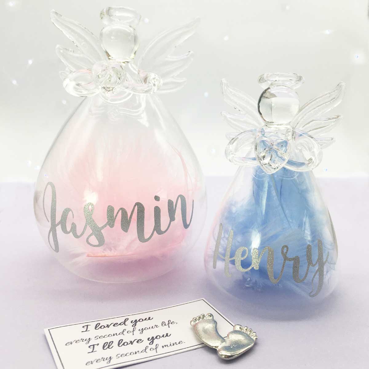 Pink Blue or White Feather Filled Glass Angel Baby Memorial Keepsake - Perfect for Remembrance, Sympathy Gifts & Home Decor