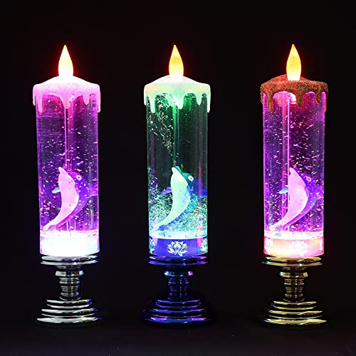 Flameless LED Water Candle with Glitter & Color Changing Effects - 3PC Set (Silver, Gold, Blue) for Christmas Decor, Home Parties & Romantic Ambiance | Battery Operated Safe Decorative Lighting