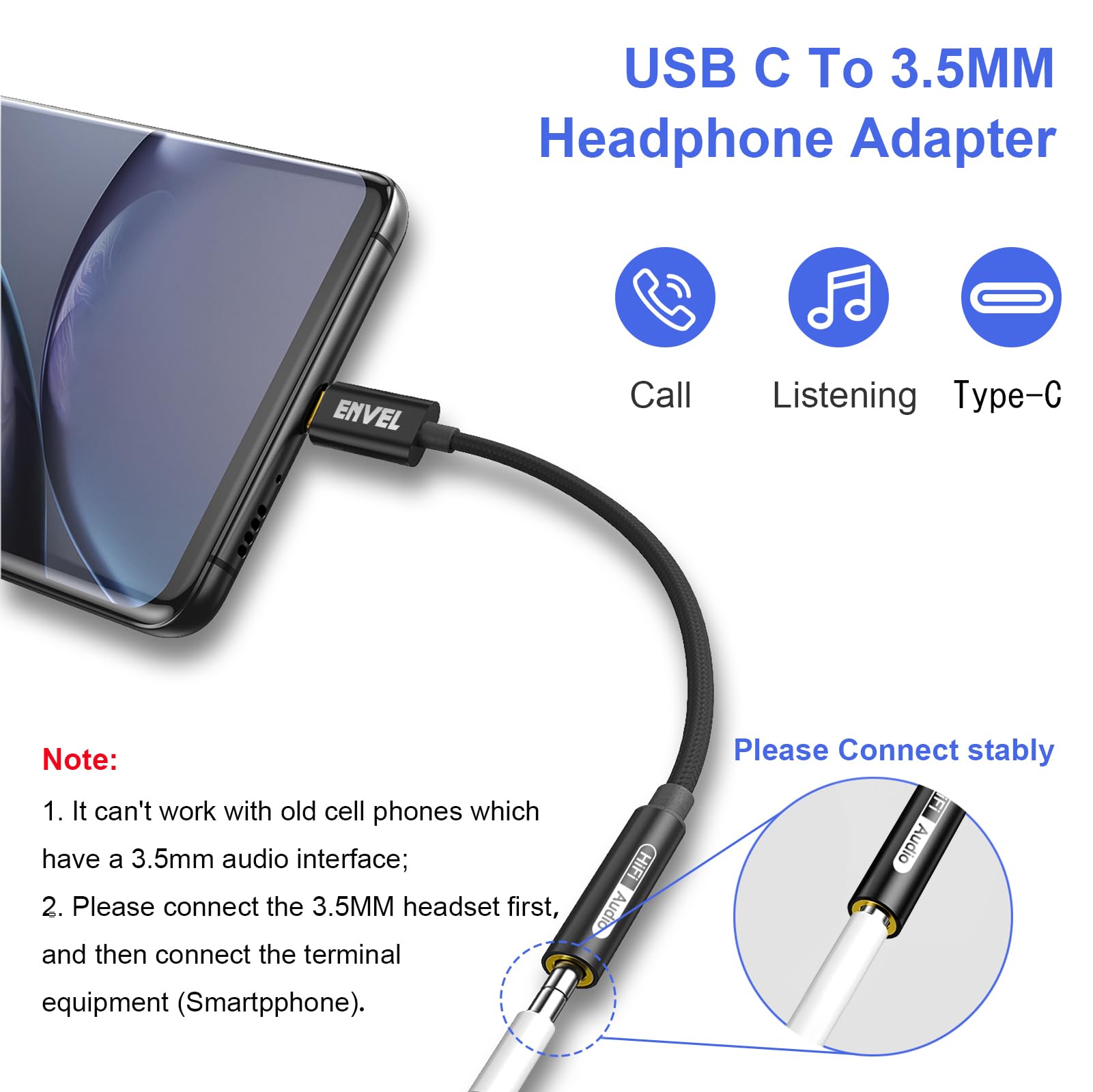 ENVEL USB C to 3.5mm Headphone Jack Adapter 2 Pack - Type C to Aux Audio Cable for iPhone 15 Pro Max, Samsung Galaxy S24/S23, Tab S9/S8/S7, iPad Pro 13/12.9/11, Google Pixel 8/7 - Perfect for Music, Gaming & Hands-Free Calls