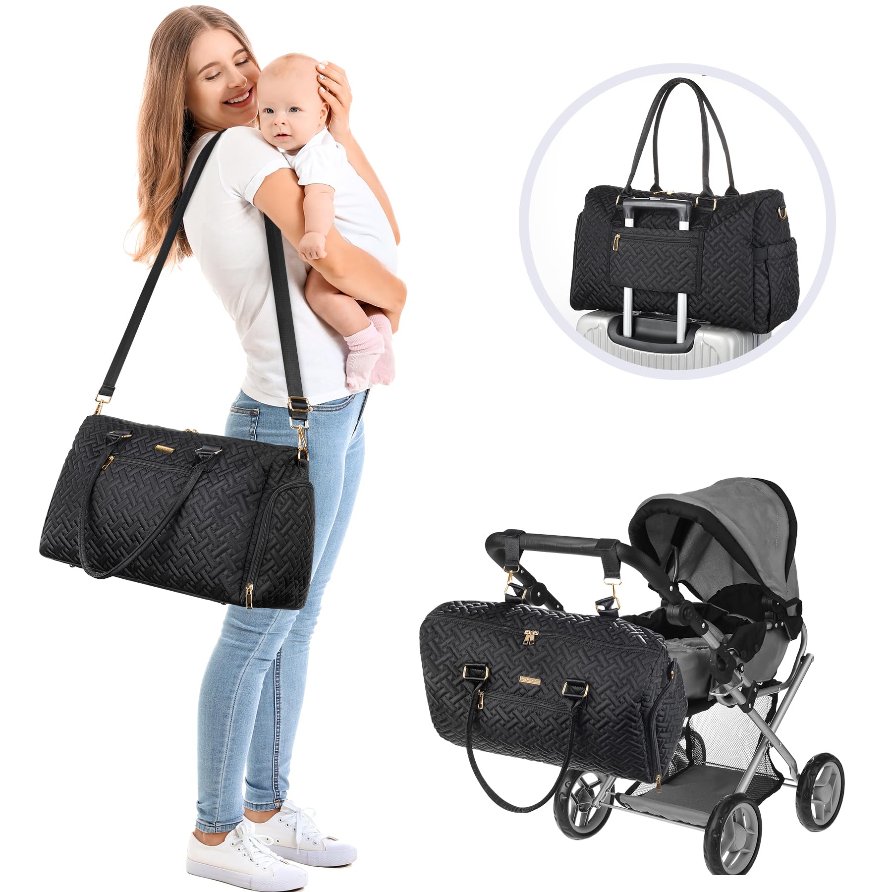 Iniuniu Waterproof Diaper Bag Tote with Changing Pad - Large Baby Travel Bag for Moms (Black)