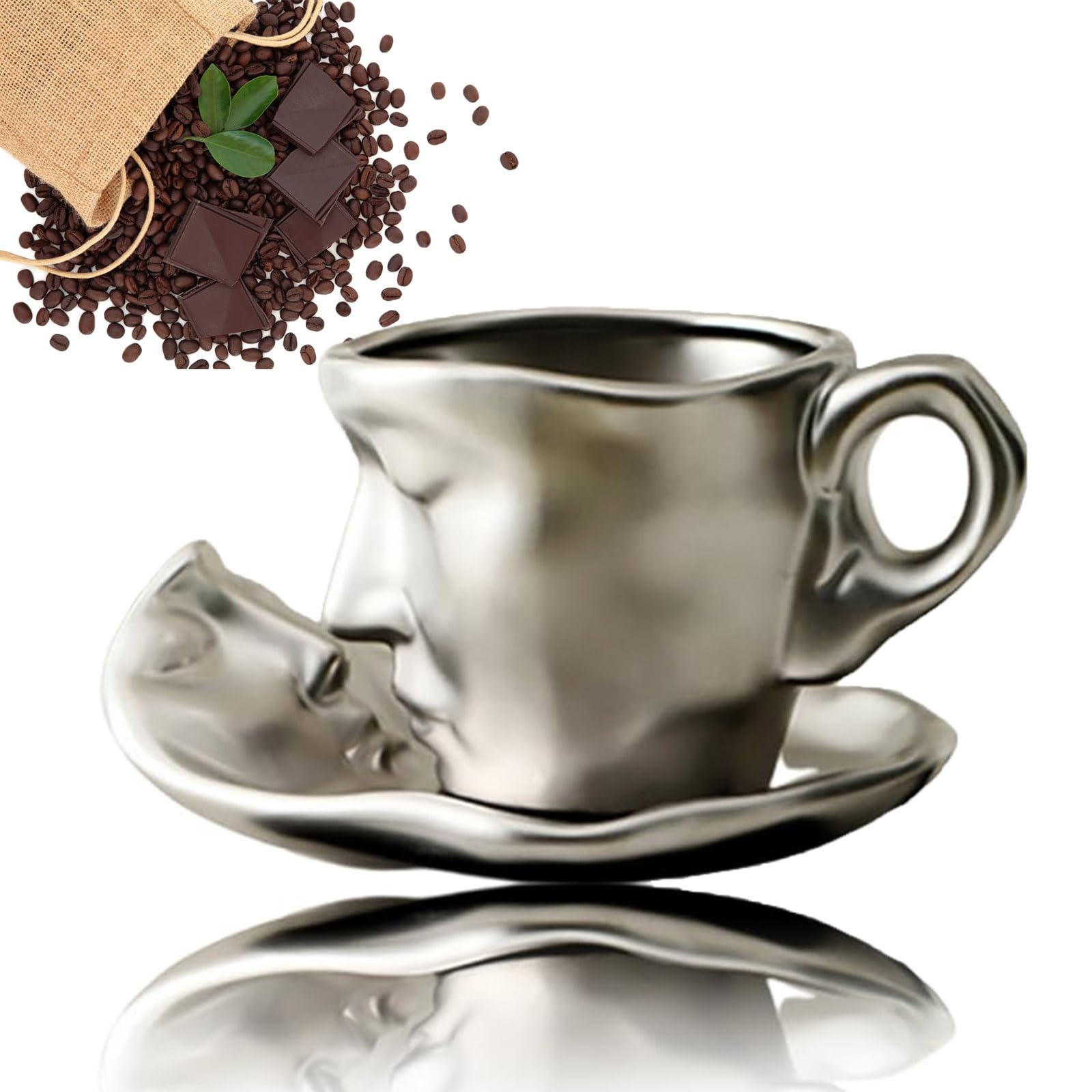 KCRPM Creative Ceramic Kiss Coffee Mug Set - Metal Touching Face Design, 260ml Silver Tea Cup & Saucer - Perfect for Couples Gifts, Romantic Coffee Dates, and Fun Tea Parties