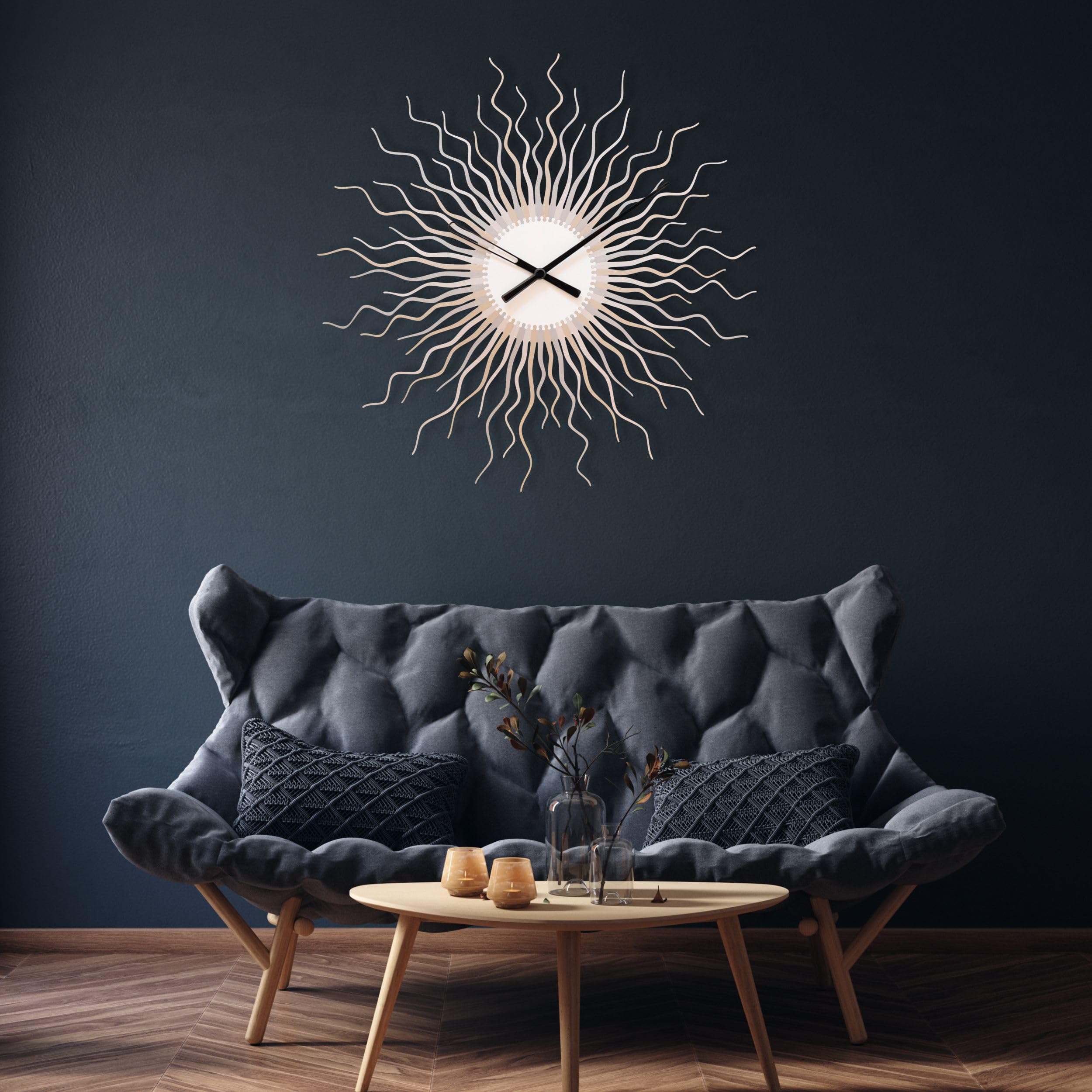 Medusa Silver XXL - 39 Inch Large Sunburst Wall Clock, Modern Starburst Wall Decor, Contemporary Silver Metal Clock for Living Room, Bedroom, Office & Home Decor