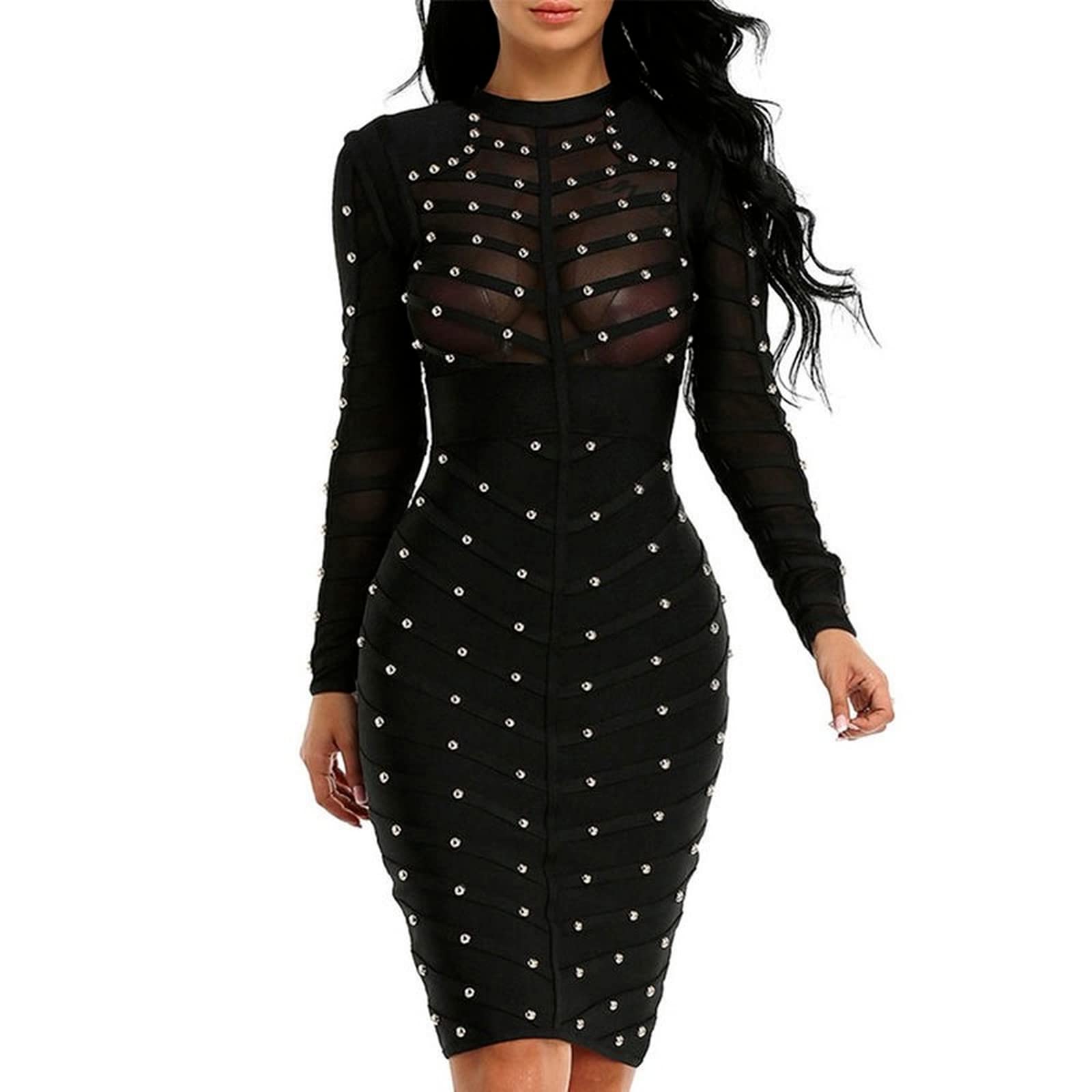 Sexy Women's Mesh Bodycon Dress with Studded Long Sleeves - See Through Clubwear & Cocktail Party Tight Pencil Dress for Night Out, Date Night, and Special Occasions