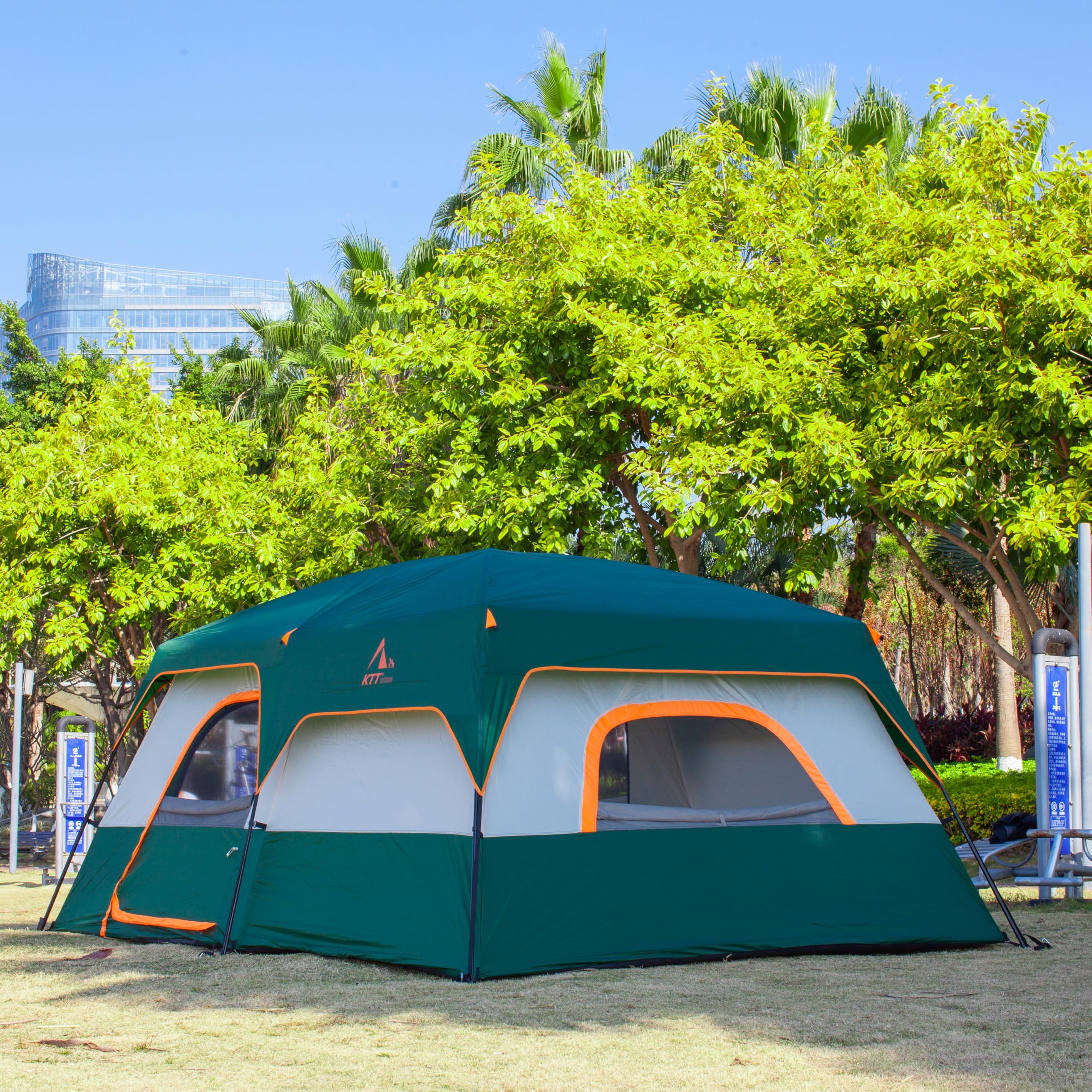 KTT Extra Large Family Cabin Tent for 10-12-14 People (Style-B) - 2 Rooms, 3 Doors & 3 Windows with Mesh, Straight Wall Design, Waterproof Double Layer - Perfect for Camping, Picnics, Outdoor Adventures & Family Gatherings