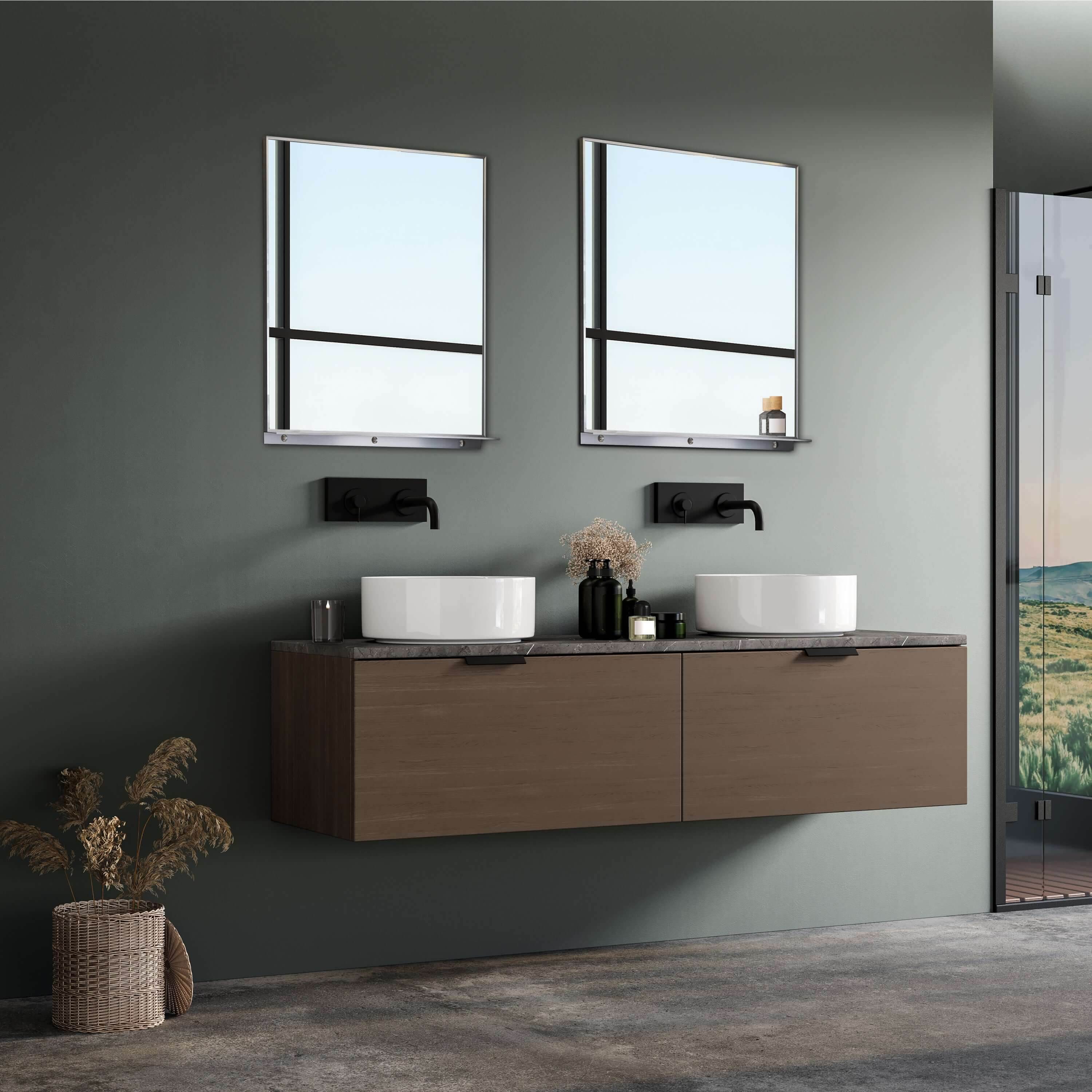24W x 32H Rectangular Wall Mirror with Shelf - Brushed Nickel Finish - Bathroom Vanity Mirror, Bedroom Decor, Entryway Accent