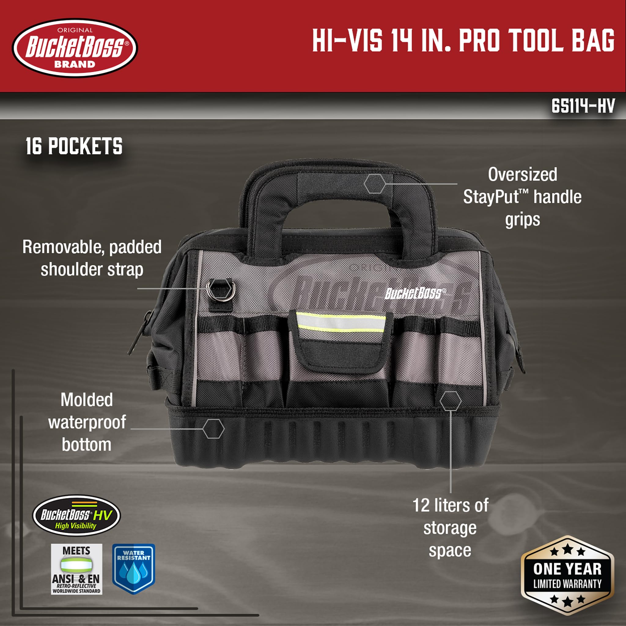 Bucket Boss 14 HV Pro Tool Bag - Professional Series (65114-HV) Grey & Black 14 Inch Heavy Duty Tool Organizer for Electricians, Contractors & DIY Home Improvement Projects