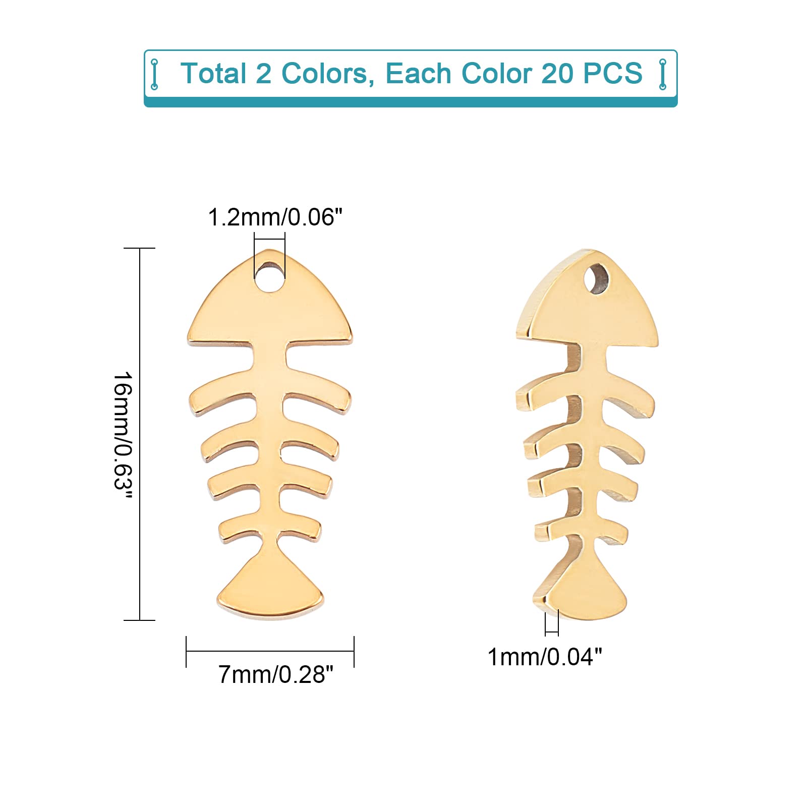 UNICRAFTALE 40pcs 2-Tone Fishbone Pendants - Hypoallergenic Stainless Steel Charms for Jewelry Making - 1.2mm Hole - Perfect for Necklaces, Bracelets & DIY Craft Projects