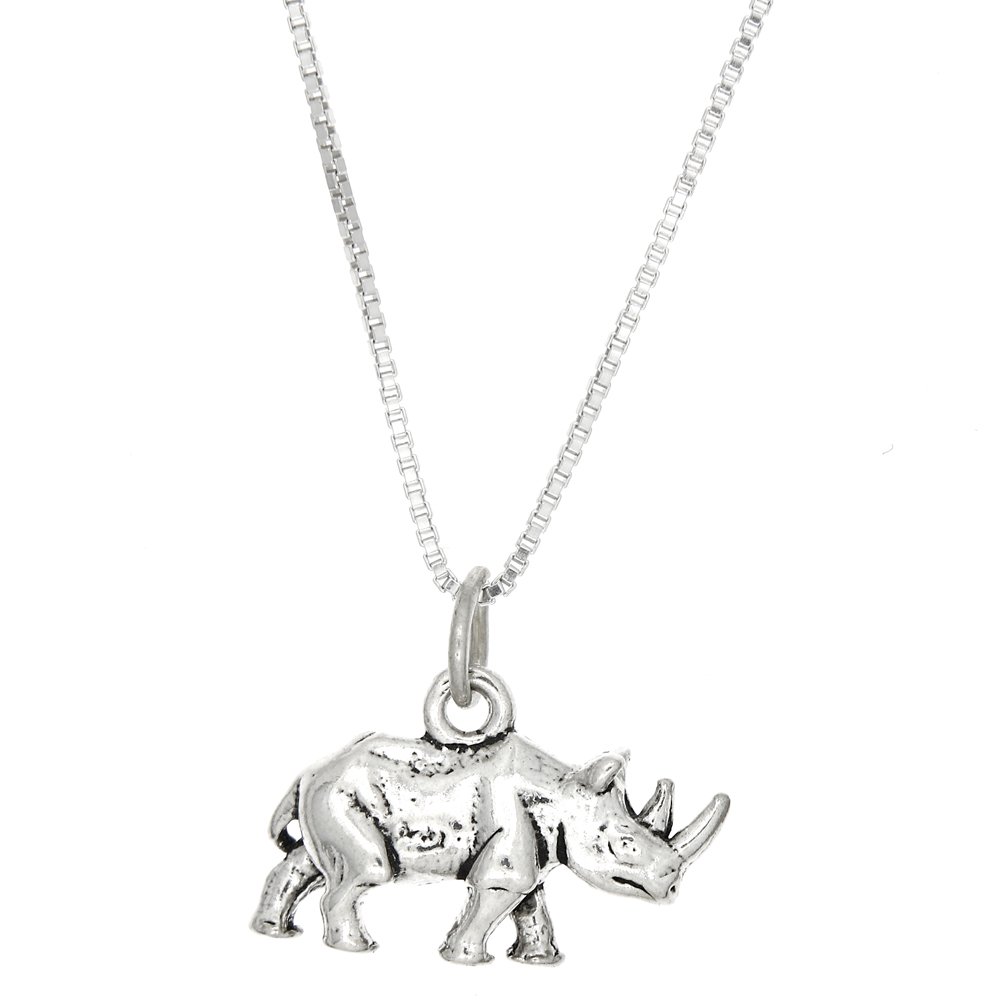 Oxidized Sterling Silver 3D Walking Rhinoceros Pendant Necklace with Polished Box Chain - Unique Animal Jewelry Gift for Women & Men - Perfect for Casual Wear, Parties & Special Occasions