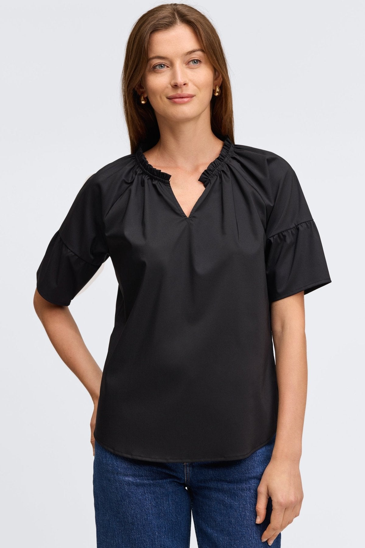 Vicky No Iron Stretch Elbow Sleeve Popover Shirt for Women - Wrinkle-Free Comfort Fit Blouse for Work & Casual Wear