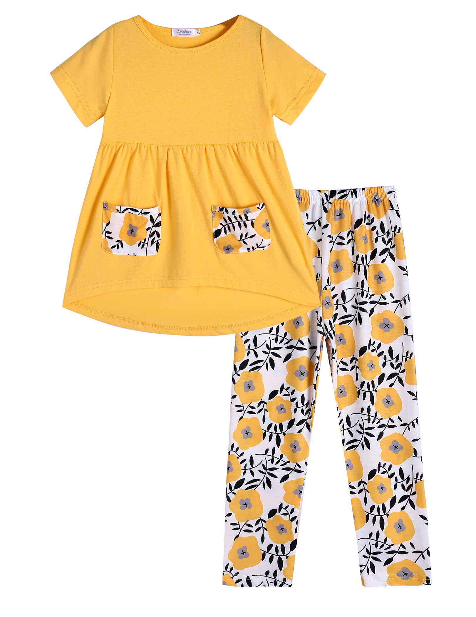 Arshiner Toddler Girls Floral Hi-Lo Top & Pants Set - 2 Piece Short Sleeve Outfit with Pockets | Cute Playtime & Party Clothes for Little Girls