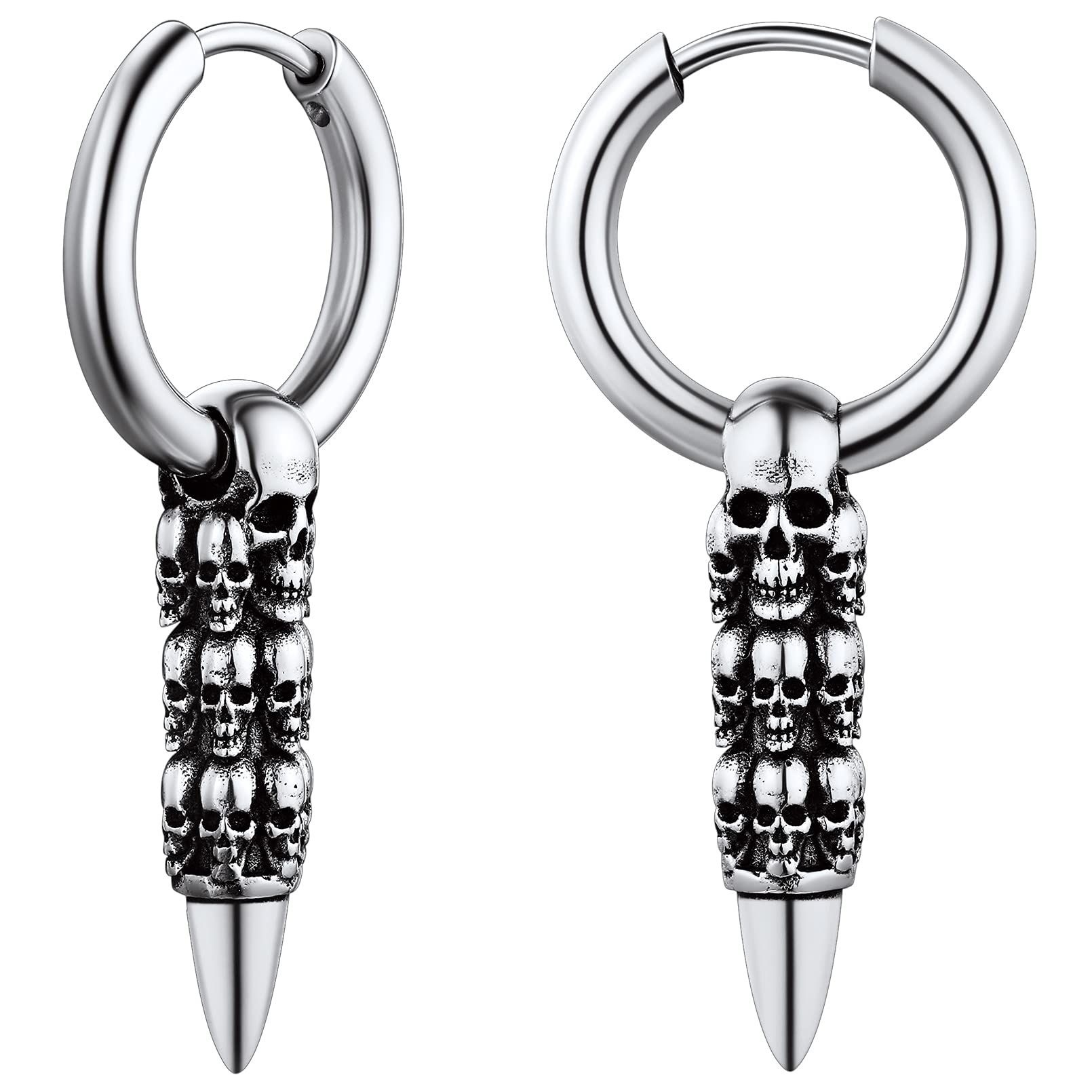 Gothic Skull Earrings for Men - Punk Skull Stud & Hoop Earrings in Stainless Steel & Black - Cool Halloween Jewelry with Gift Box - Perfect for Punk Fashion, Gothic Style & Halloween Costumes