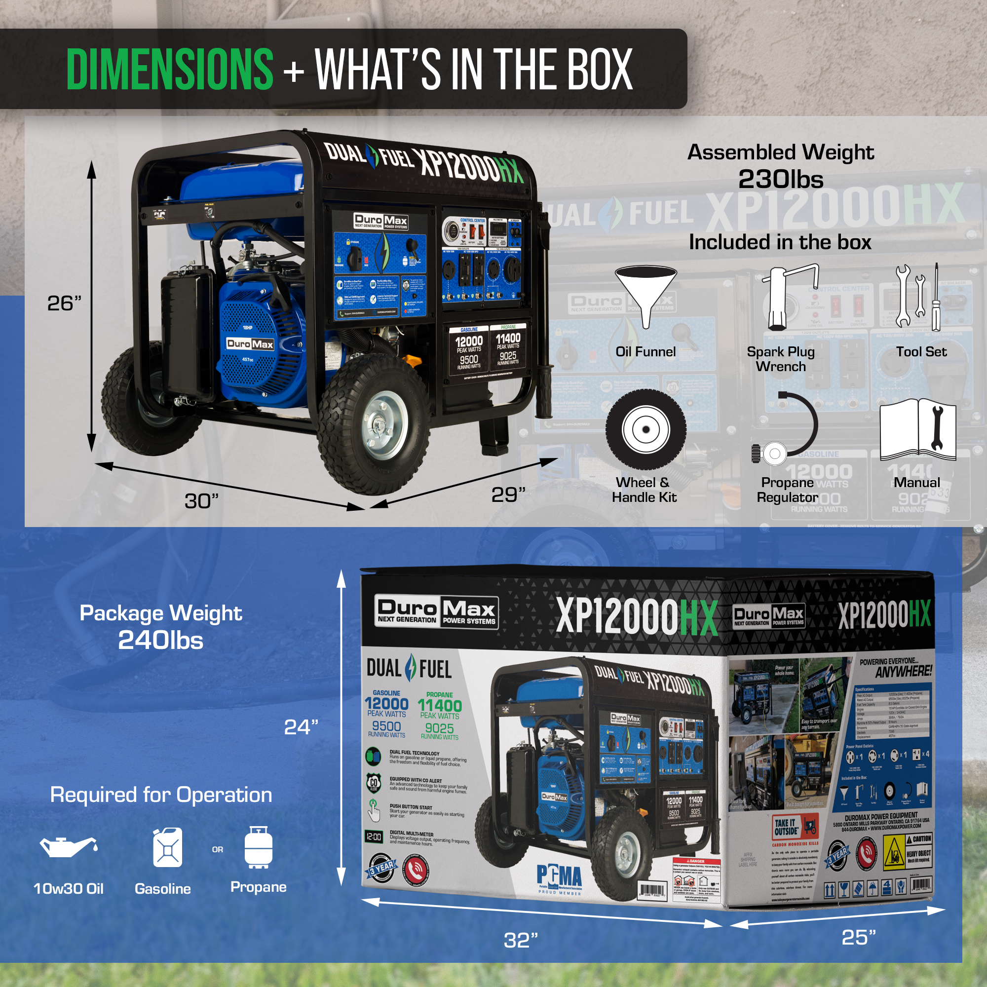 12,000 Watt Dual Fuel Portable HX Generator with CO Alert - Reliable Backup Power for Home, Camping & Emergency Use