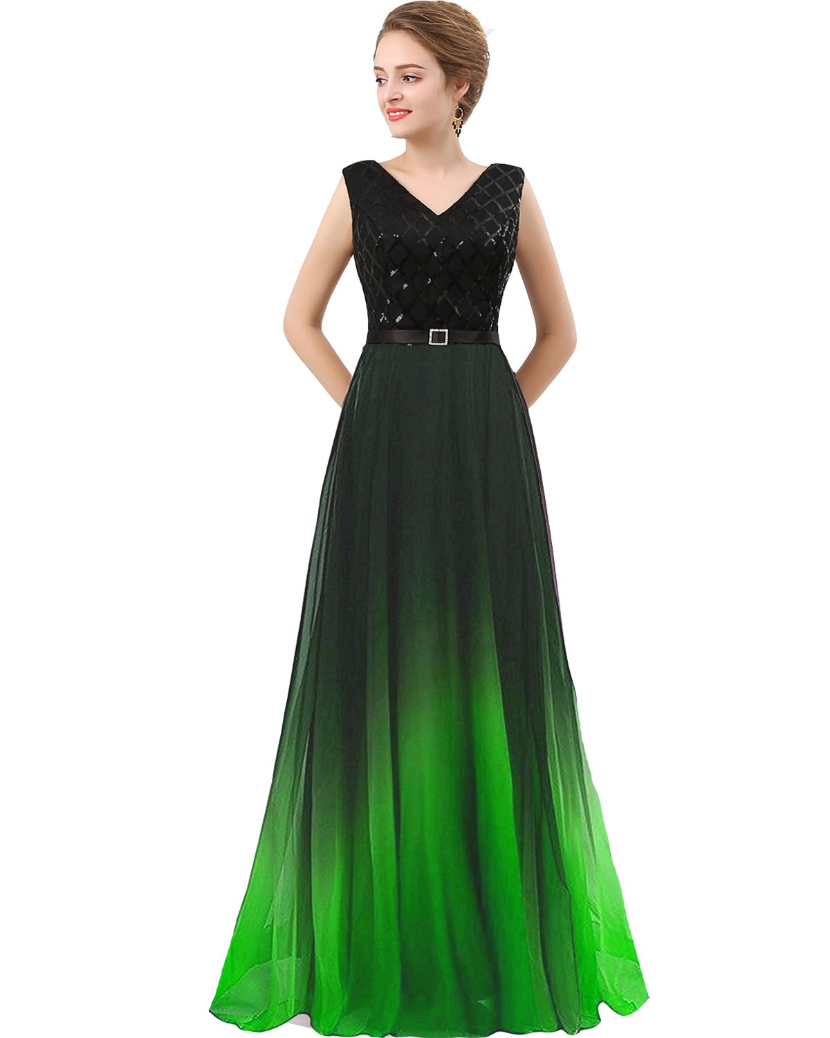 Lemai Elegant V-Neck Long Sequined Chiffon A-Line Corset Prom Evening Dress for Women - Perfect for Formal Events, Weddings & Black Tie Parties