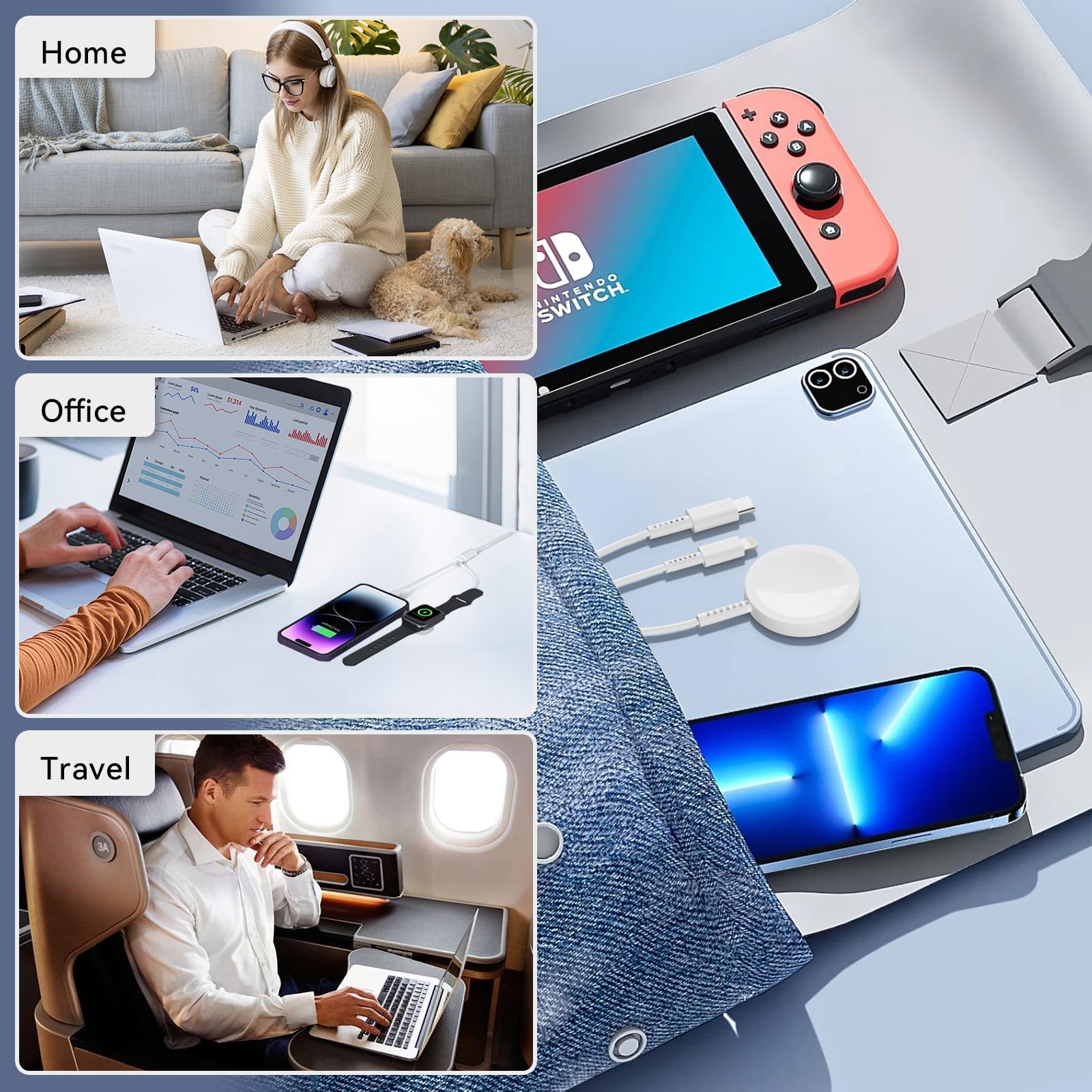 3-in-1 Magnetic Fast Charging Cable 6FT with 20W USB C Charger - Compatible with Apple Watch Series Ultra 2/SE/10/9/8/7/6/5/4/3, iPhone 15/16 Pro Max/14/13/12/11 - Perfect for Travel, Office & Nightstand Charging