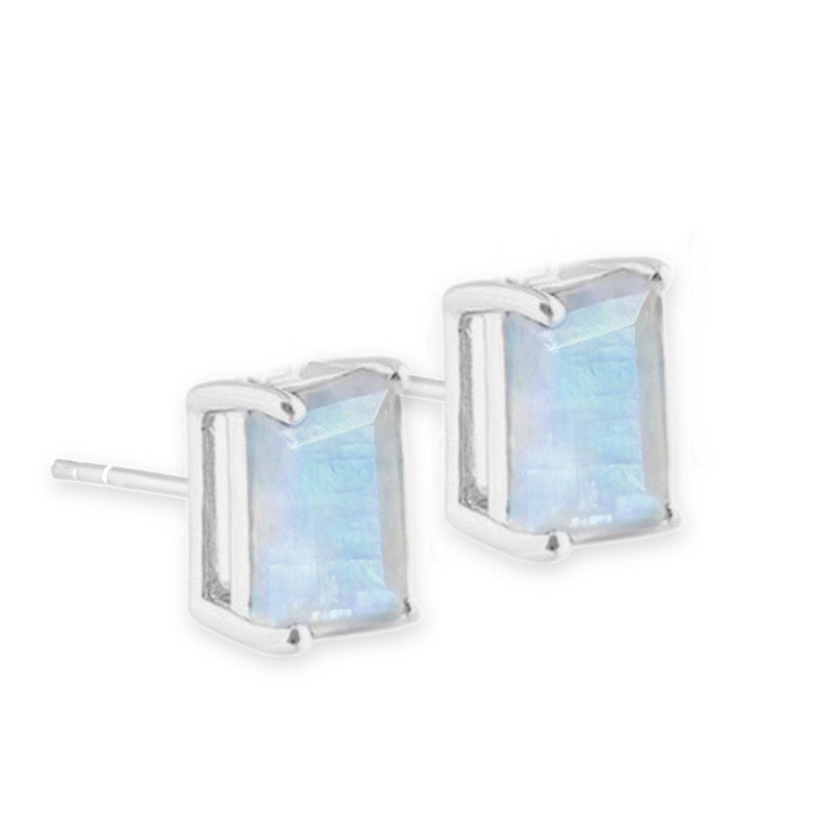 Laihas Genuine Emerald Cut Moonstone Stud Earrings for Women - Hypoallergenic Sterling Silver Jewelry - Perfect for Weddings, Parties & Everyday Wear