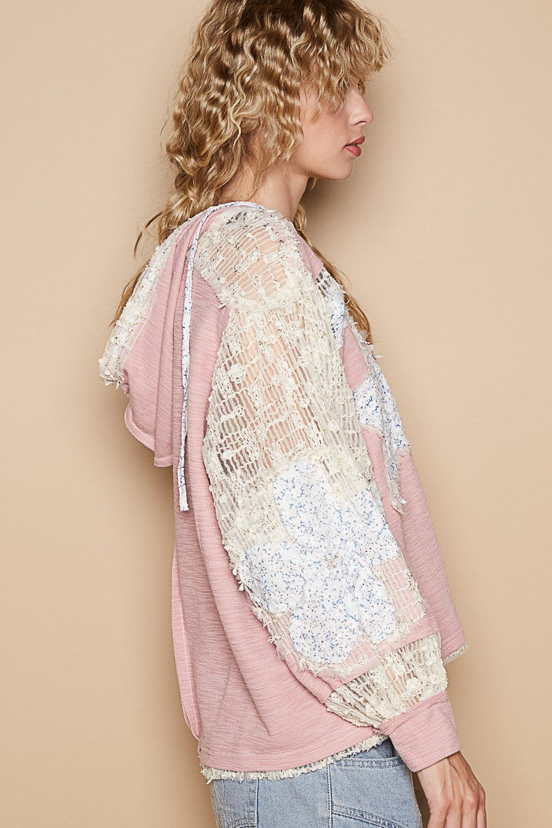 Stylish Star Patch Lace Long Sleeve Hooded Top for Women - Trendy Casual & Party Wear