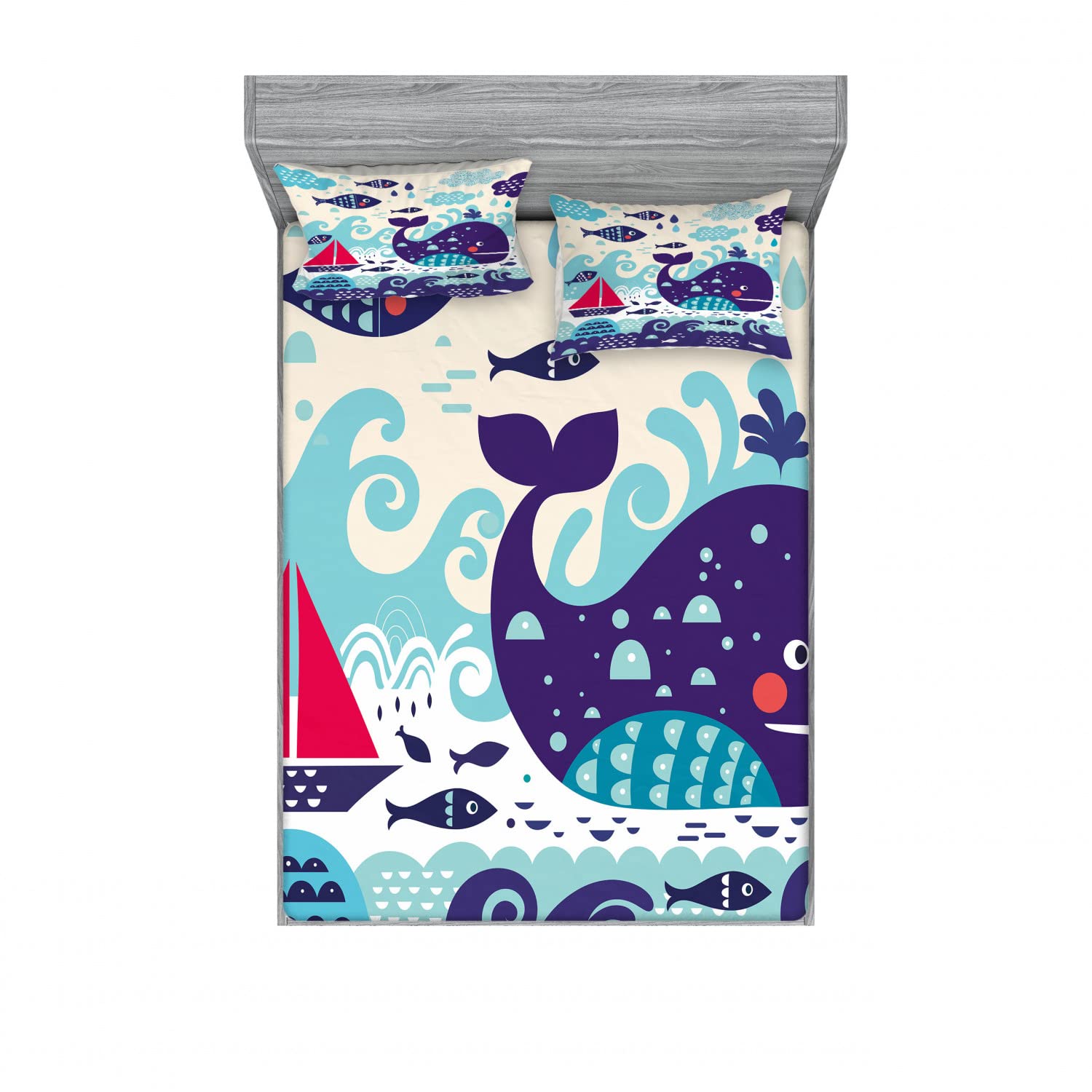 Ambesonne 2-Pack King Size Fitted Sheet & Pillow Sham Set - Whale and Fish Cartoon Design, 4-Piece Bedding Set in Purple | Soft Microfiber Sheets for Kids Room, Guest Bedroom & Coastal Themed Decor