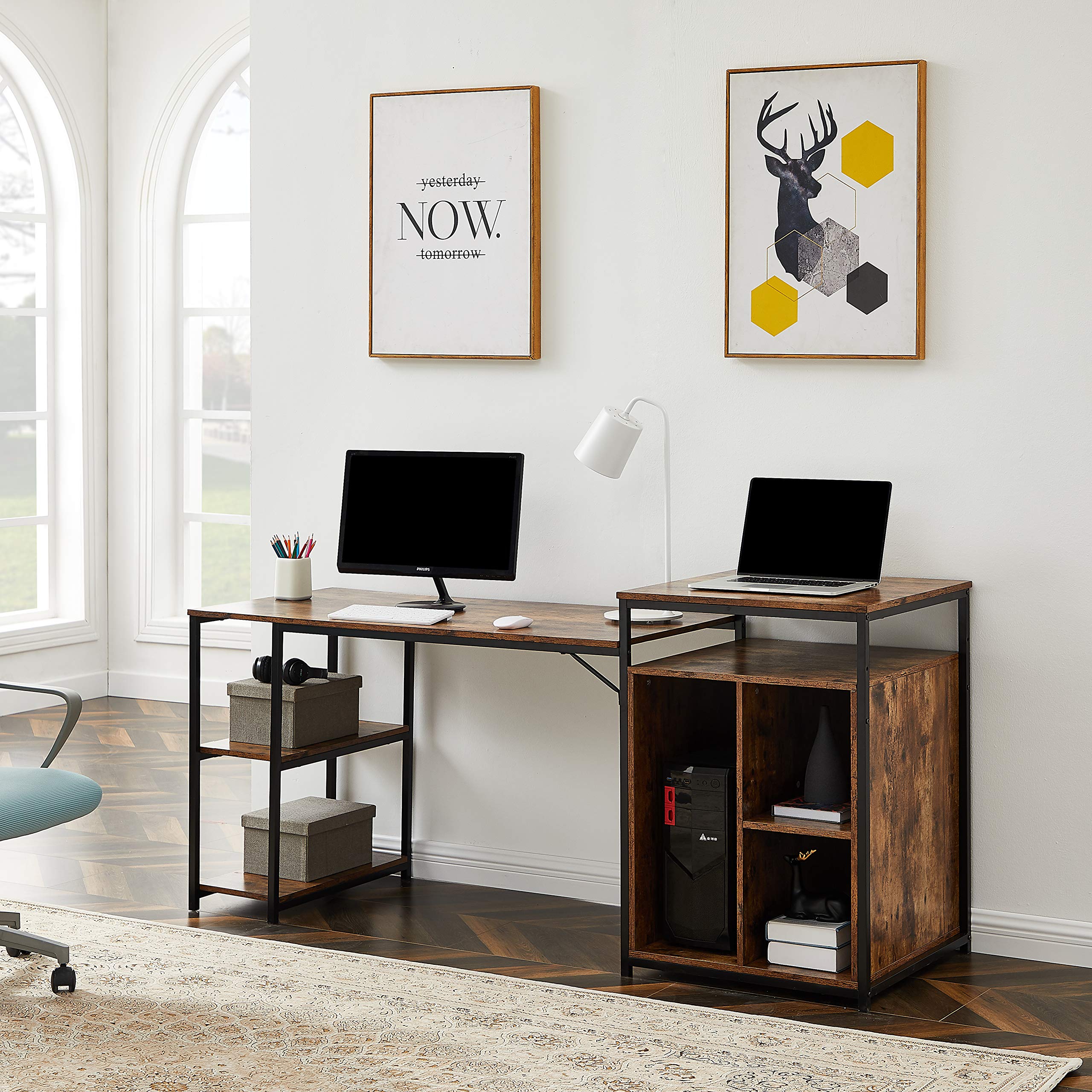 Ergonomic Home Office Computer Desk with Storage Shelf, CPU Storage Space & Printer Stand - Space Saving Writing PC Table for Small Spaces (Brown) - Perfect for Remote Work, Study & Gaming Setup