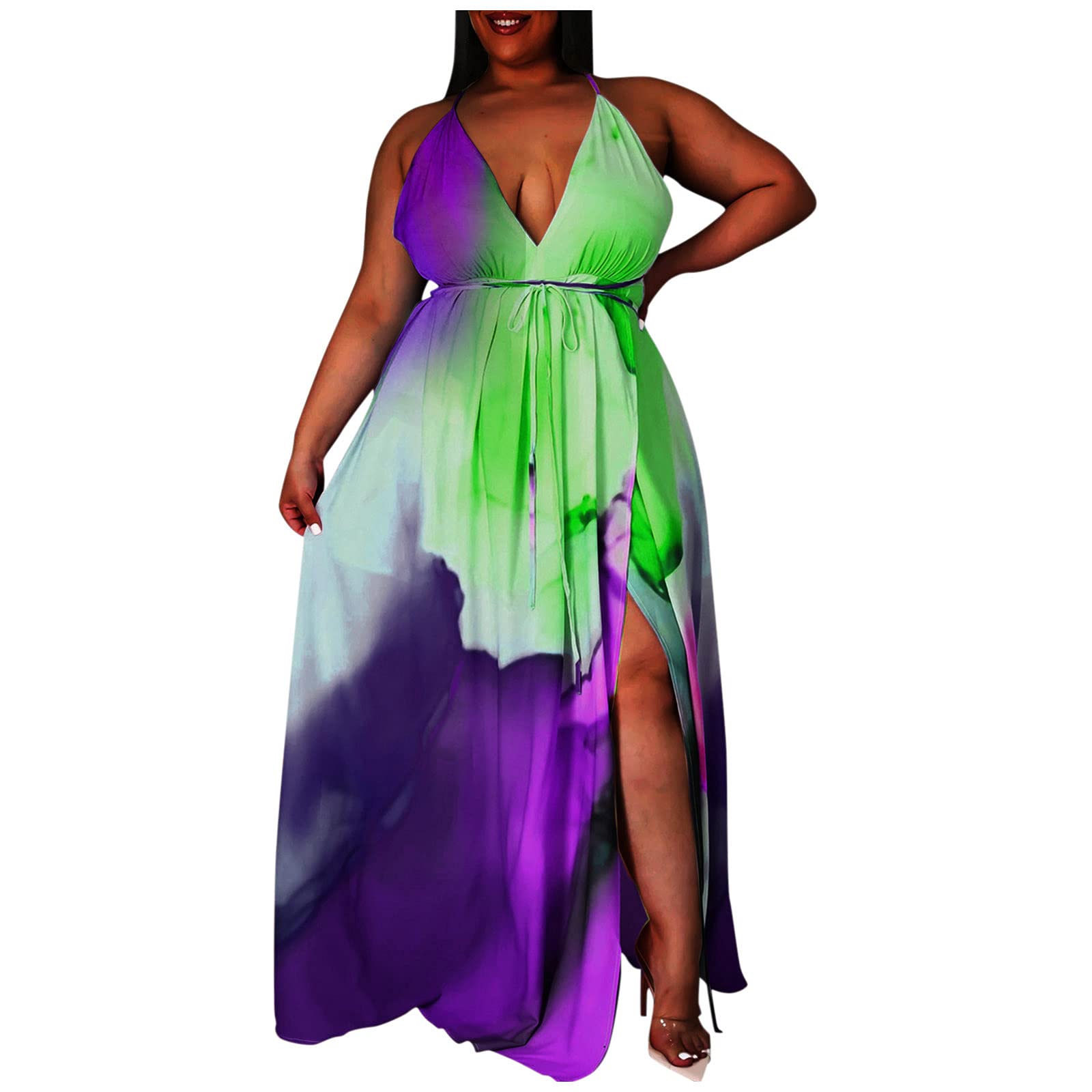 Sexy Plus Size Backless Maxi Dress - Flowy Sling V-Neck Printed Women's Dress for Beach, Party & Evening Wear
