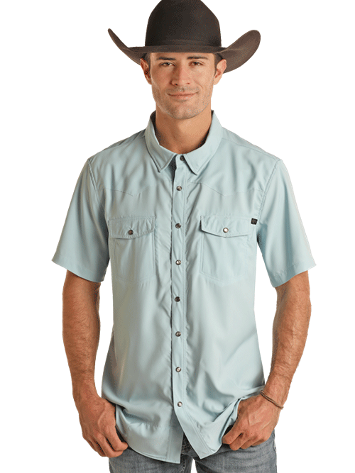 Rock & Roll Denim Men's Ripstop Short Sleeve Snap Shirt - Light Blue Aqua | Casual Summer Wear, Outdoor Adventures & Music Festivals