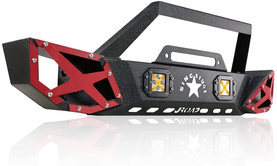 Stubby Front Bumper for Jeep Wrangler JK 2007-2018 (2/4 Door & Unlimited) with 2 LED Fog Lights & Winch Plate - Heavy Duty Steel, Textured Powder Coat - Perfect for Off-Roading & Trail Adventures