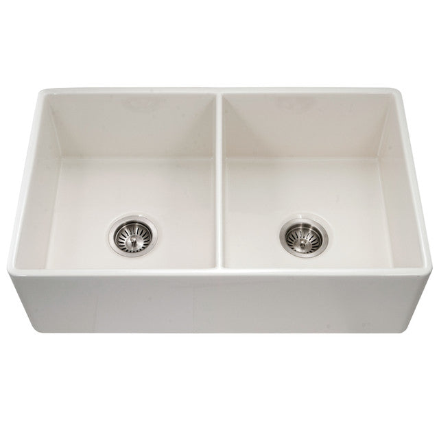 Houzer Platus Series 33-Inch Fireclay Farmhouse Sink - Dual Mount Undermount/Apron Front Double Bowl Kitchen Sink for Modern & Rustic Kitchens - Perfect for Cooking, Entertaining & Large Family Meals