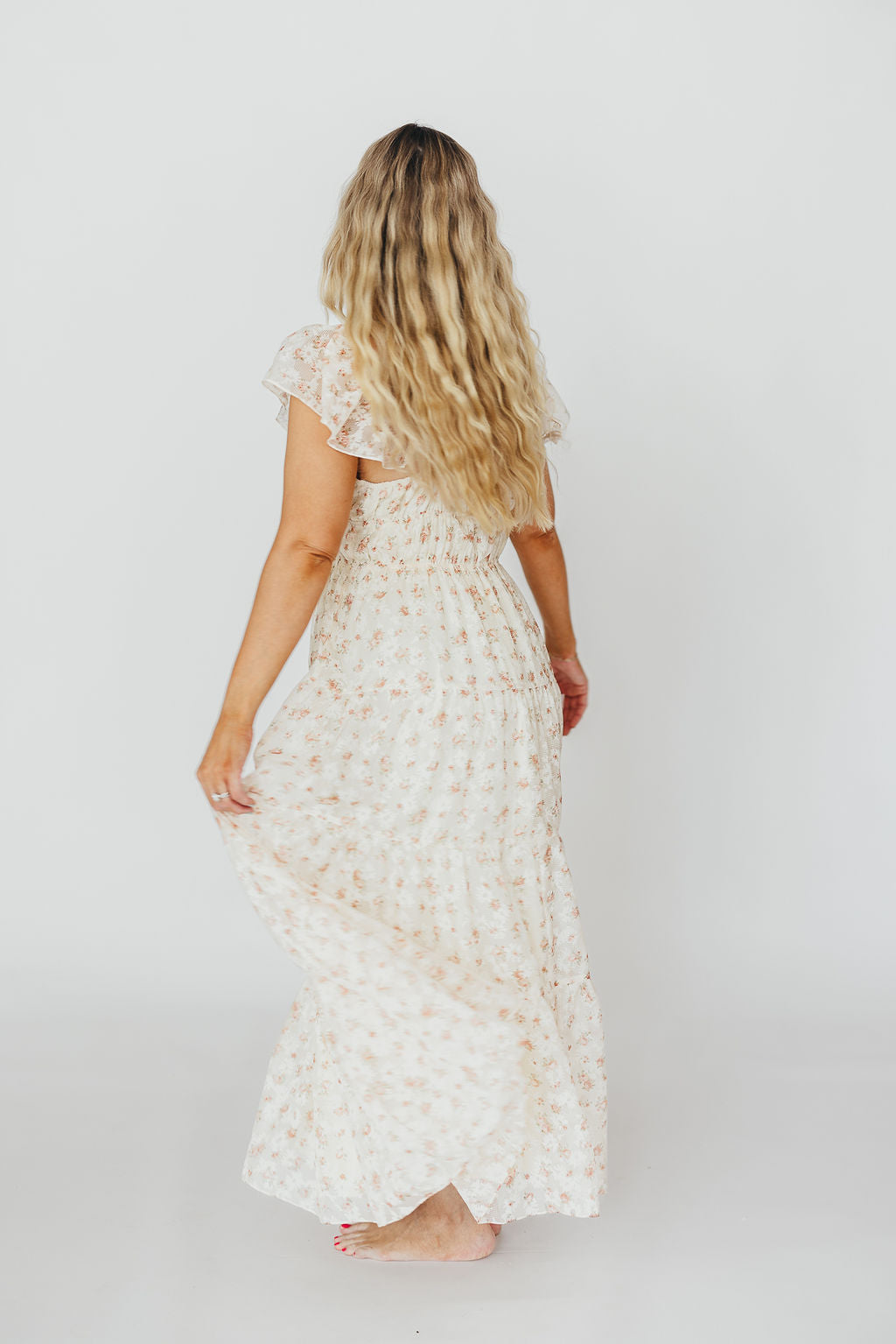 Elegant Floral & Gingham Ruffled Maxi Dress for Women - Cream Peach Floral Print Summer Dress, Perfect for Beach Vacations, Weddings & Date Nights