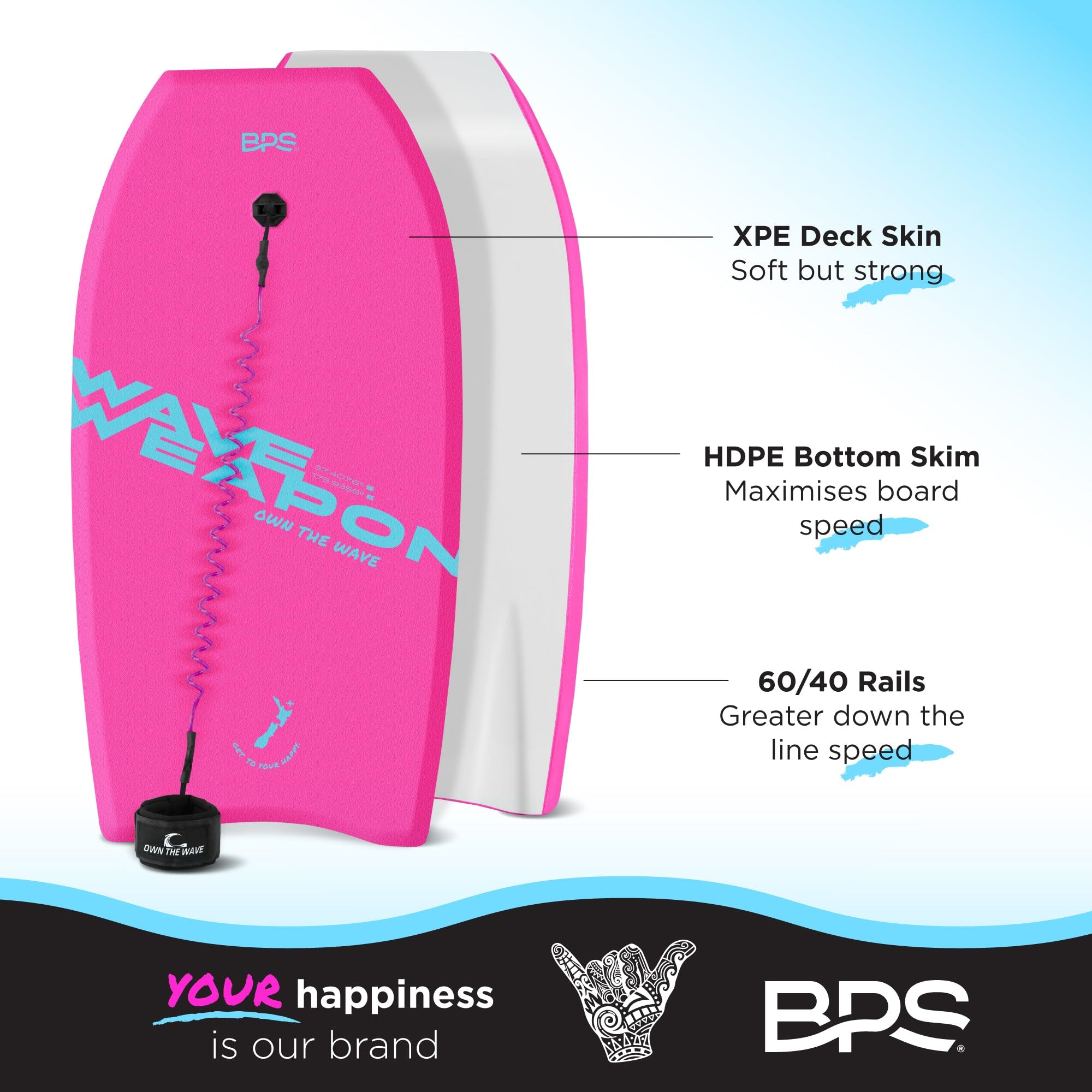 Wave Weapon Body Board - Lightweight EPS Core & HDPE Slick Bottom for All Wave Conditions - Beach Bodyboard with Wrist Leash & Plug for Kids & Adults - Perfect for Surfing, Bodyboarding and Beach Fun
