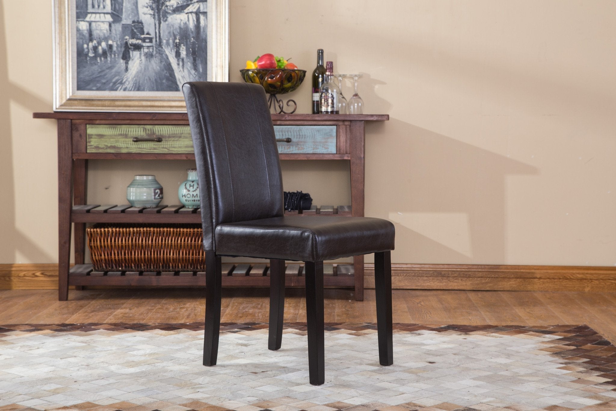 Roundhill Urban Style Solid Wood Faux Leather Parsons Dining Chairs - Set of 2, Brown - Modern Kitchen & Dining Room Furniture for Home, Restaurant, and Office Use