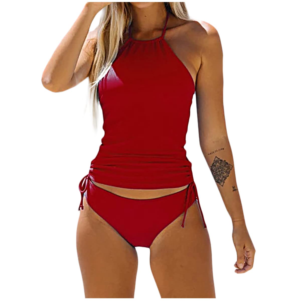 Therlop Women's Solid Color Halter Neck Tankini Swimsuit Set with Drawstring Side - Perfect for Beach, Pool, Vacation & Summer Water Activities