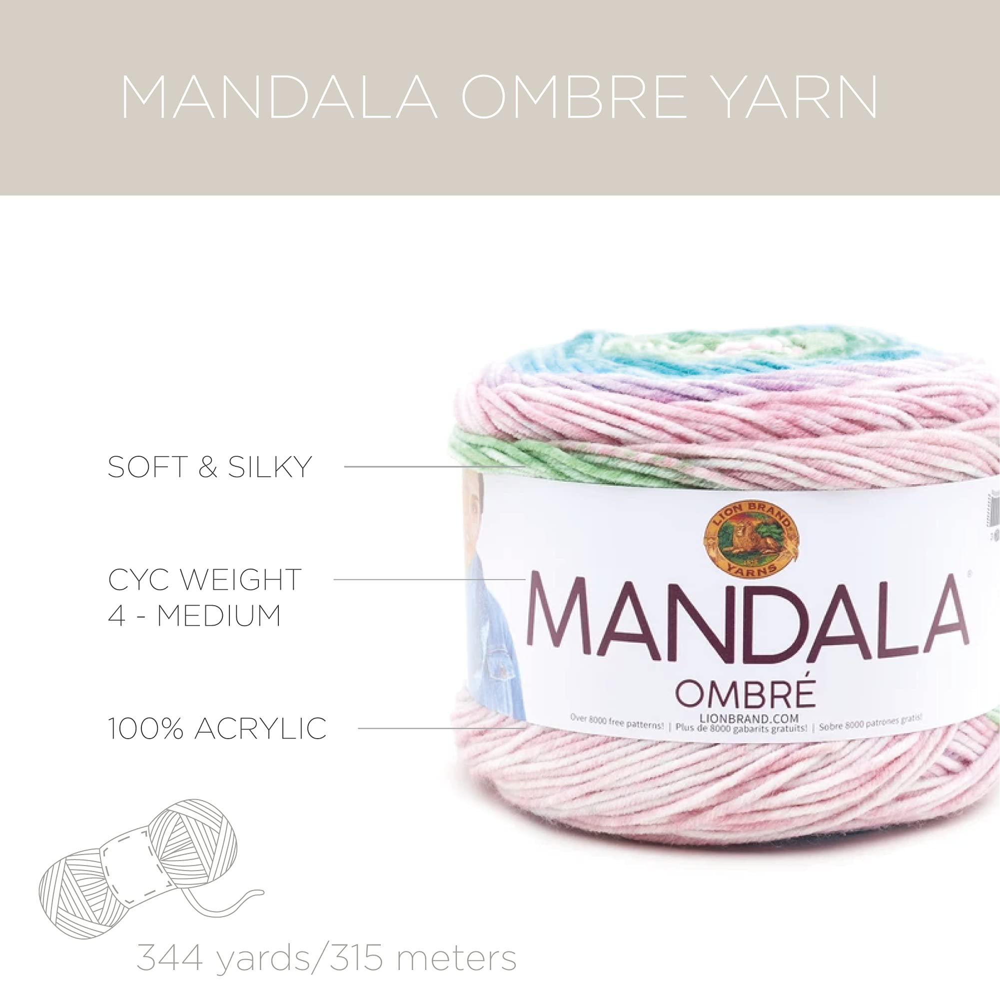 Lion Brand Yarn Mandala Ombré - 3-Pack Soft Crochet & Knitting Yarn with Vibrant Colors | Perfect for Blankets, Scarves & DIY Crafts