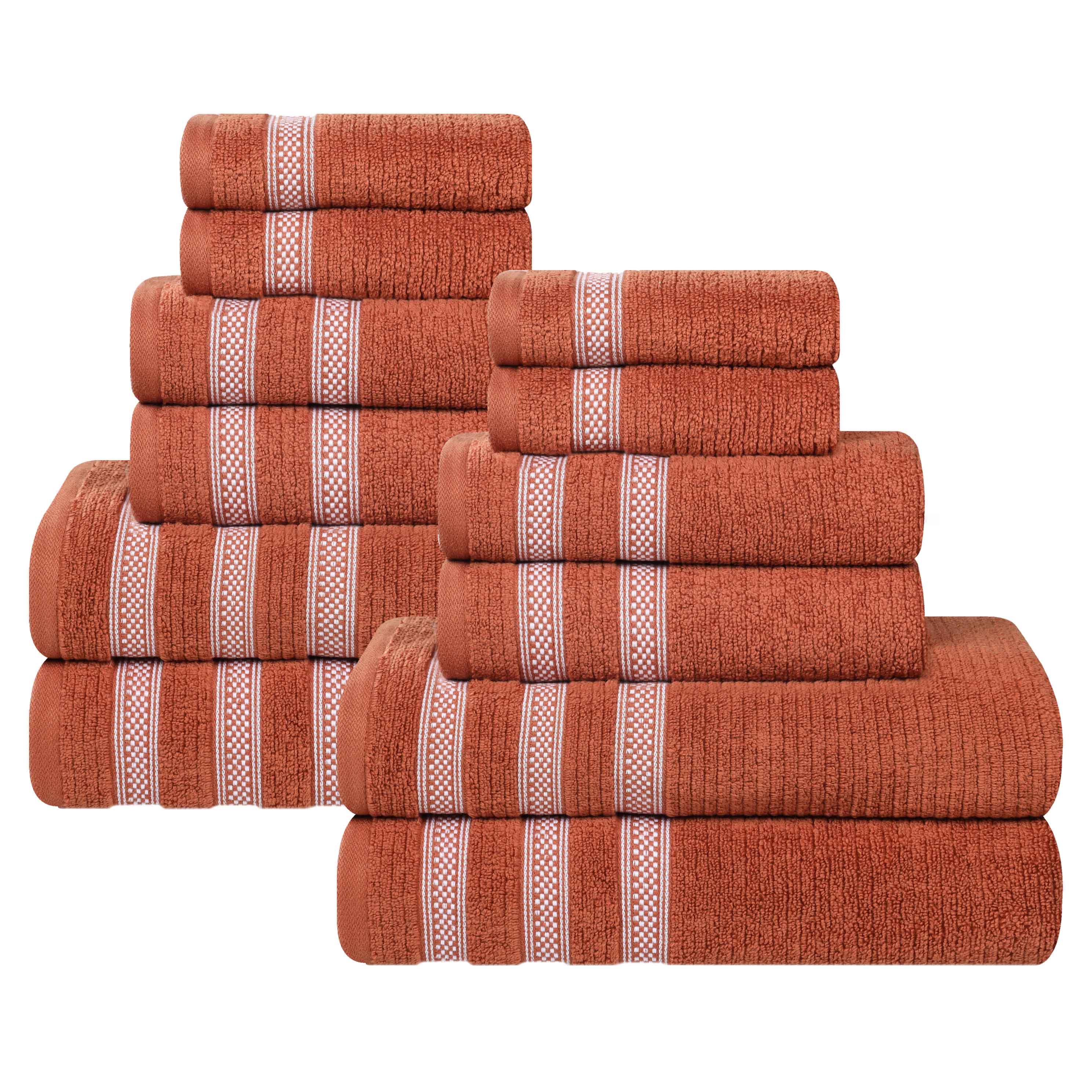 12-Piece Zero Twist Cotton Ribbed Geometric Border Plush Towel Set – Ultra Soft Bath & Beach Towels for Spa, Pool & Luxury Home Use