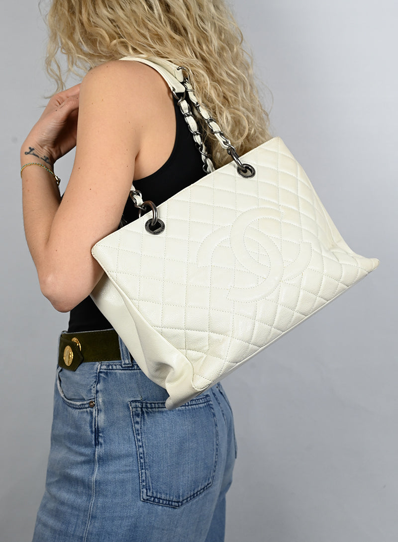 Authentic Chanel GST Leather Tote Bag in White - Luxury Handbag for Women, Perfect for Work, Travel & Everyday Use