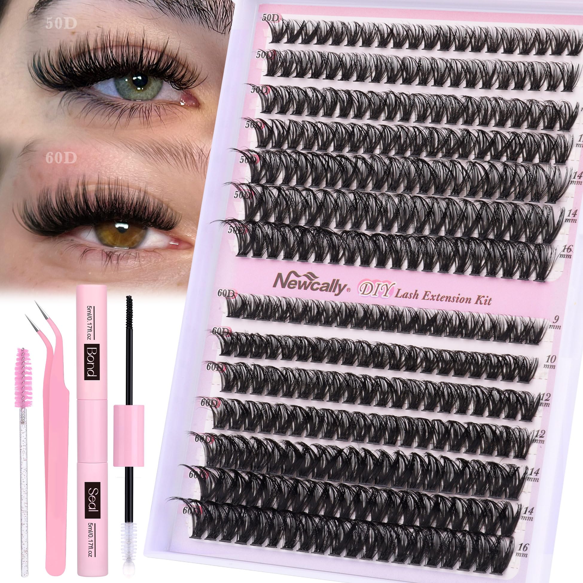 Newcally DIY Lash Extension Kit - Wispy Fluffy Cluster Eyelashes for Natural Look, D Curl Individual Lashes 9-16MM, Faux Mink Lashes (50D+60D, 0.07D) - Perfect for Daily Wear, Parties & Special Occasions