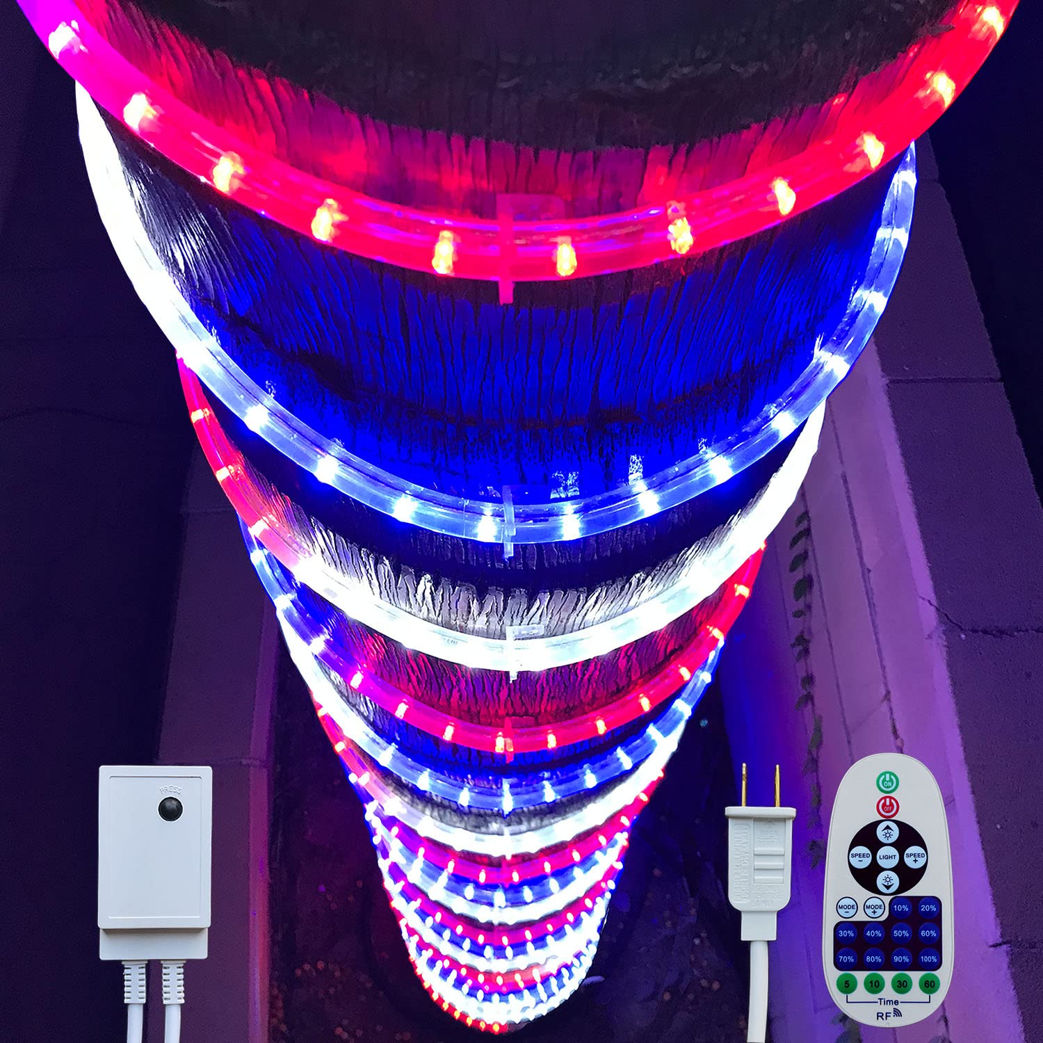 Russell Decor LED Rope Lights - 40ft Red White Blue Patriotic String Lights with 10-Level Dimmable Remote Control | Waterproof Outdoor Christmas & 4th of July Decorations | Perfect for Patio, Garden, and Holiday Party Lighting