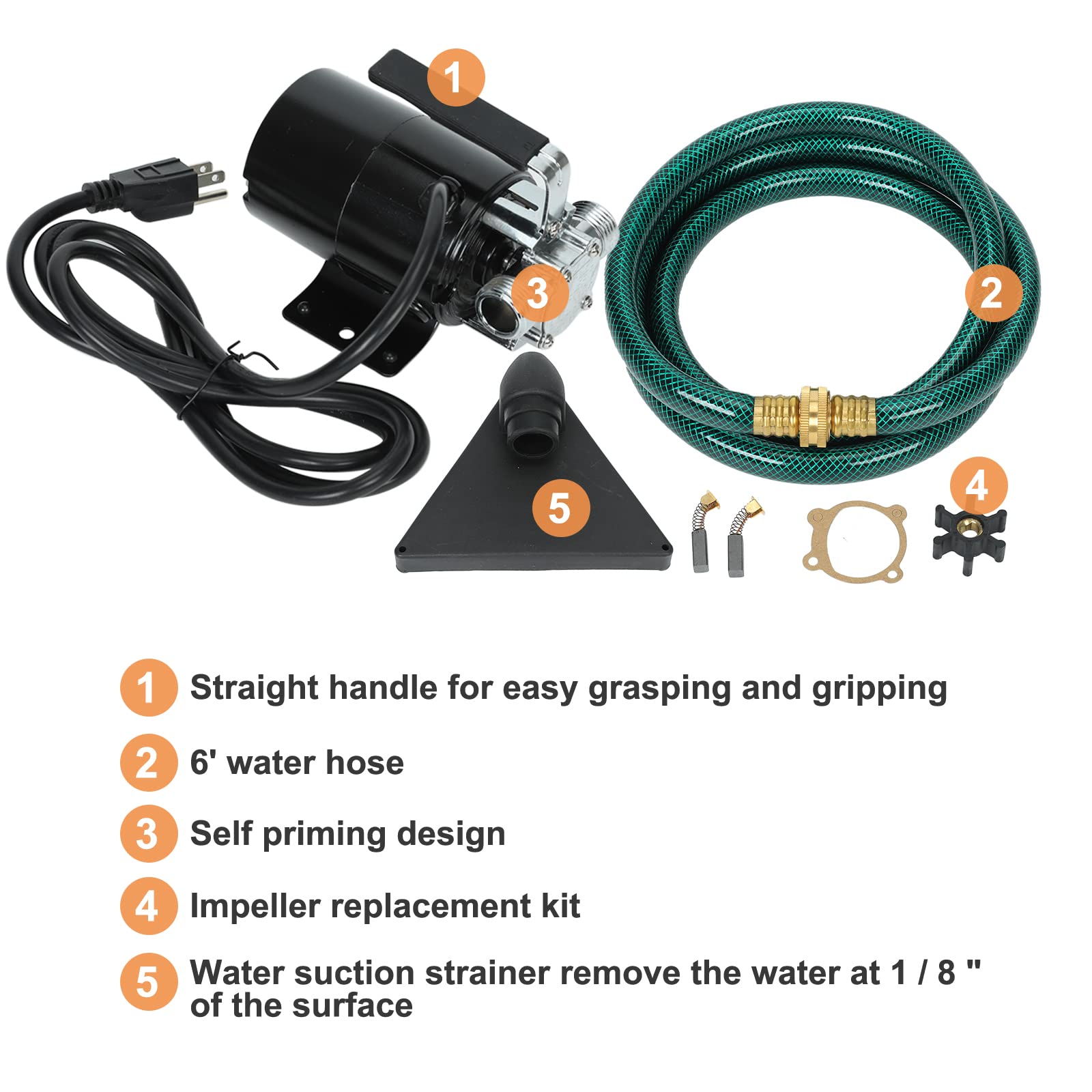 330 GPH 120V Water Transfer Utility Pump with 6' Hose, Suction Strainer & Impeller Kit - for Aquariums, Home, Clogged Sinks, Garden, Pool Water Removal & Emergency Flooding