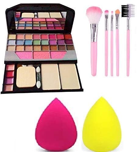 Qul.W Tya 6155 Professional 5-Piece Makeup Brush Set with 2 Blender Sponges - Multicolor Cosmetic Kit (8-Pack) - Perfect for Makeup Artists, Beginners & Travel Beauty Essentials